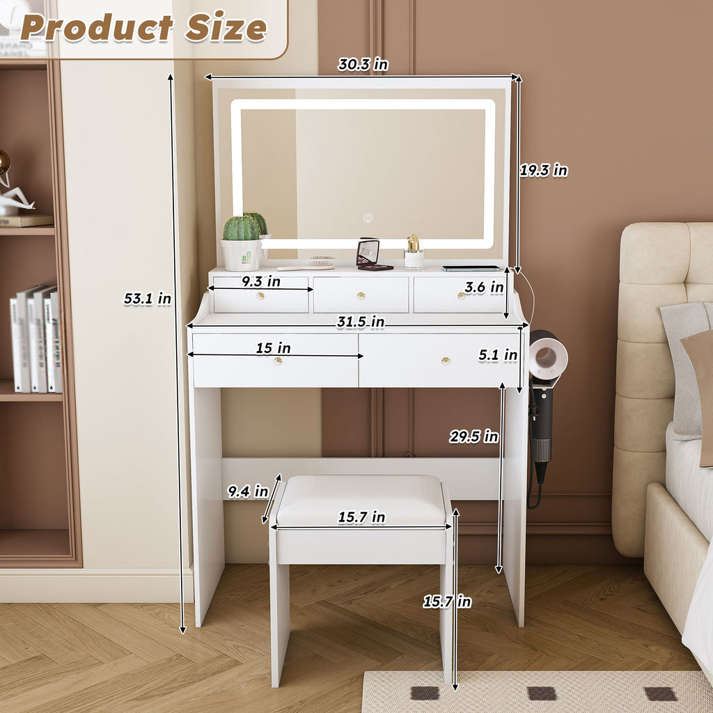Modern Makeup Vanity Set With Power Outlet, Hair Dryer Holder, And Adjustable Lighting
