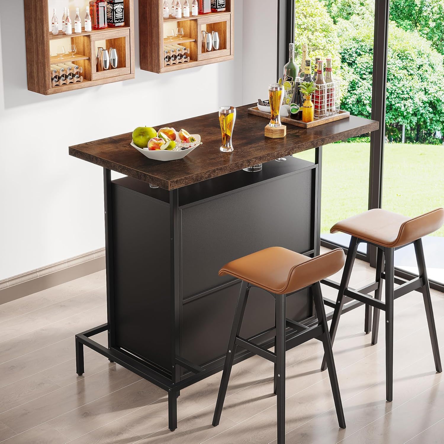 Home Bar Cabinet With 3 Tier Storage & 4 Wine Glass Racks - Brown / Black