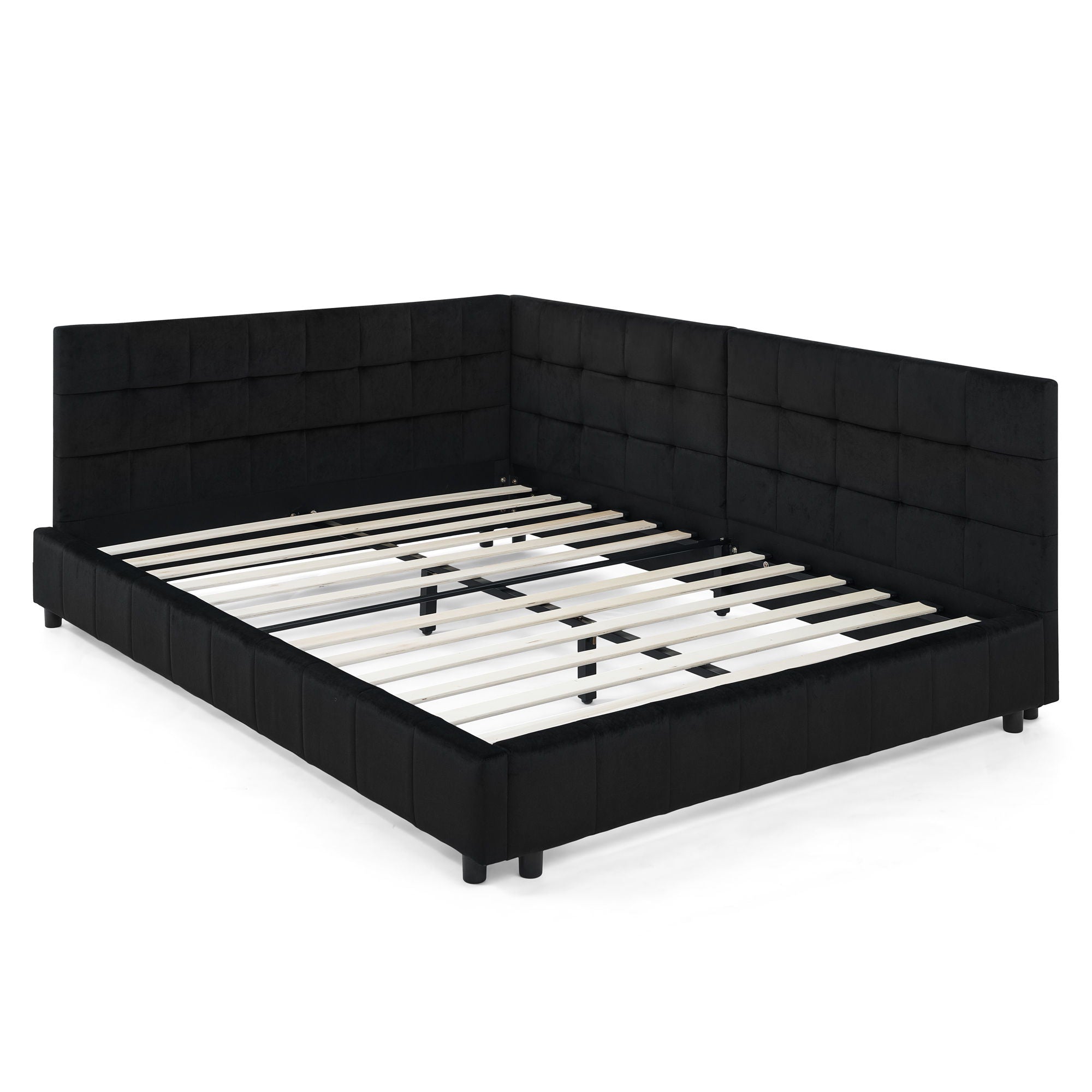 Mid-Century Storage Upholstered Tufted Bed Frame With Backrest And Armrests