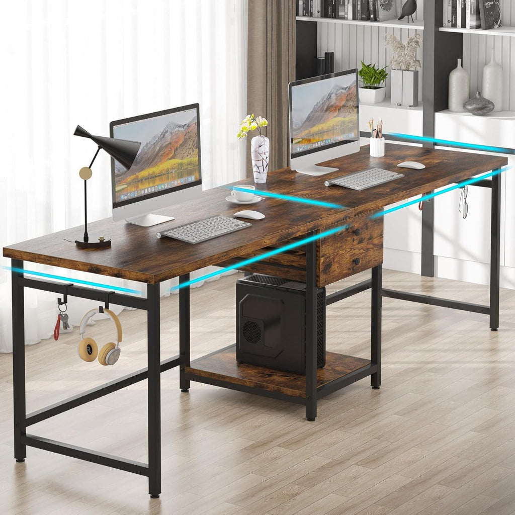 2 Person Computer Desk With Drawers And Shelves, Extra Long Double Workstation