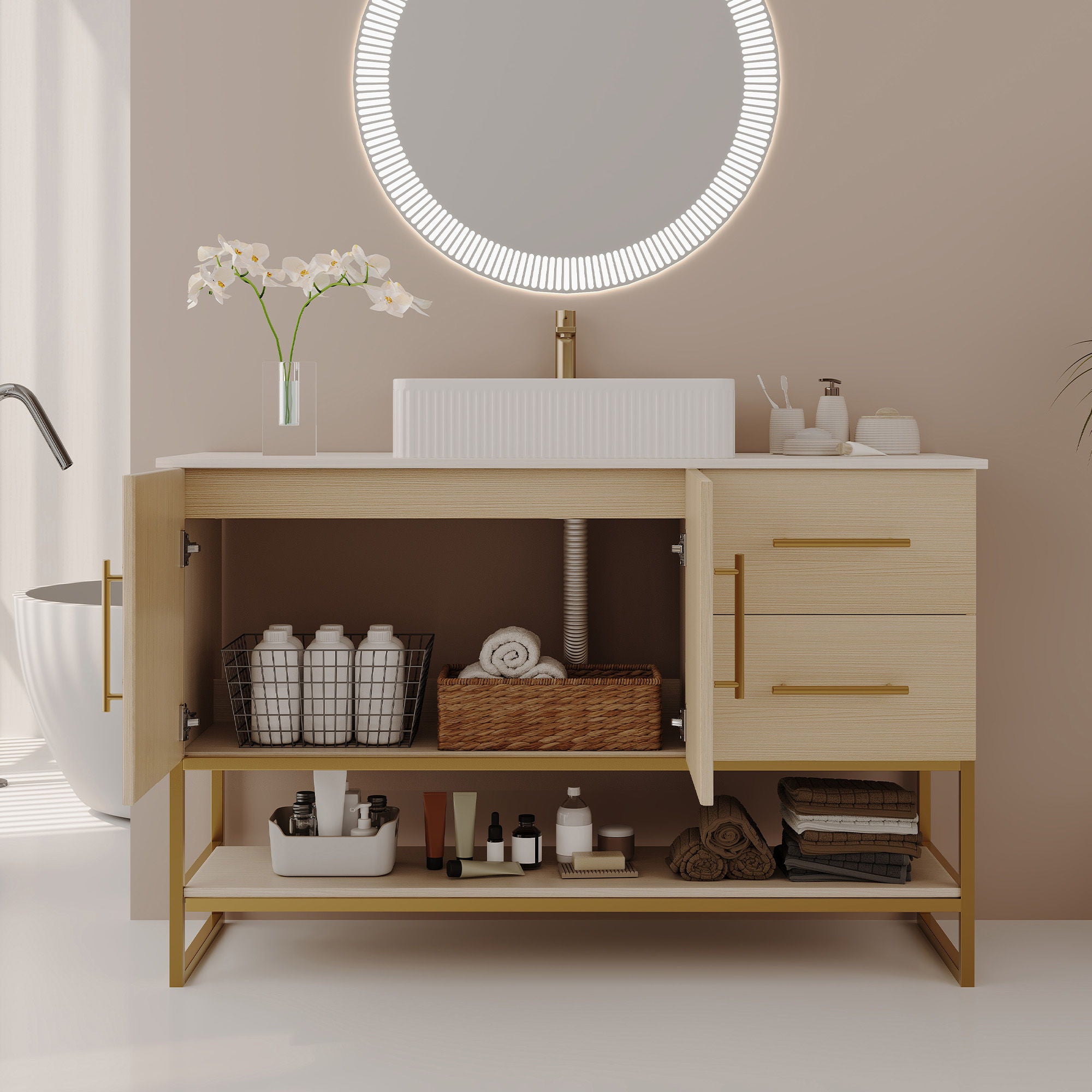 Bathroom Vanity With Vessel Sink Accent Free Standing Cabinet - Ameican White Oak / Gold / White