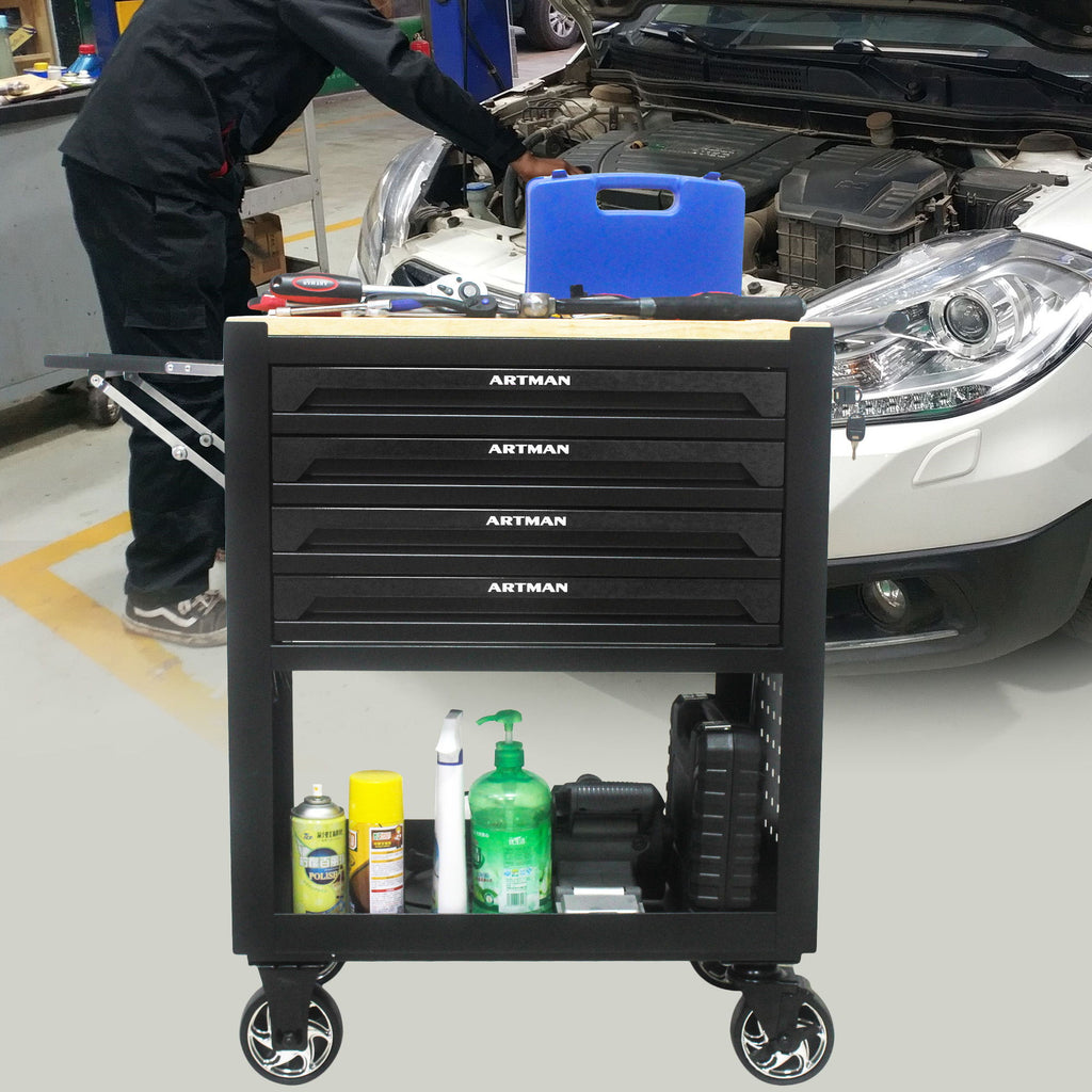 4 Drawers Multifunctional Tool Cart With Wheels And Wooden Top