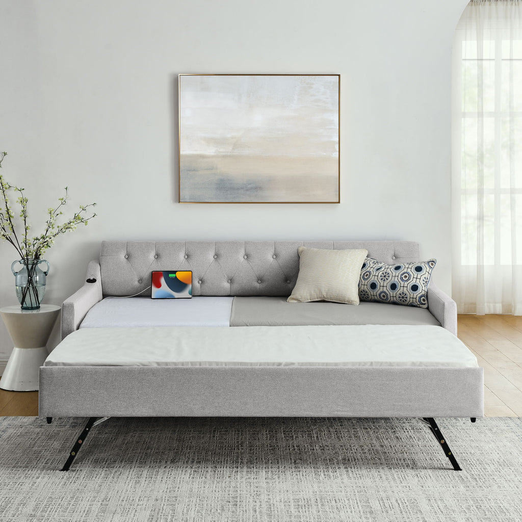 Size Upholstered Daybed With Trundle And USB Charging Armrest