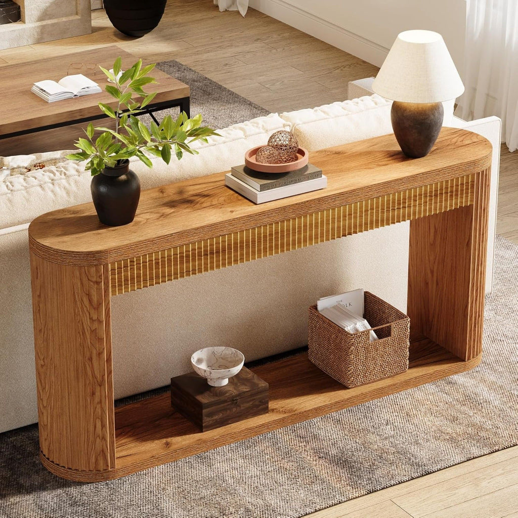 Narrow Fluted Console Table With Storage For Entryway - Brown