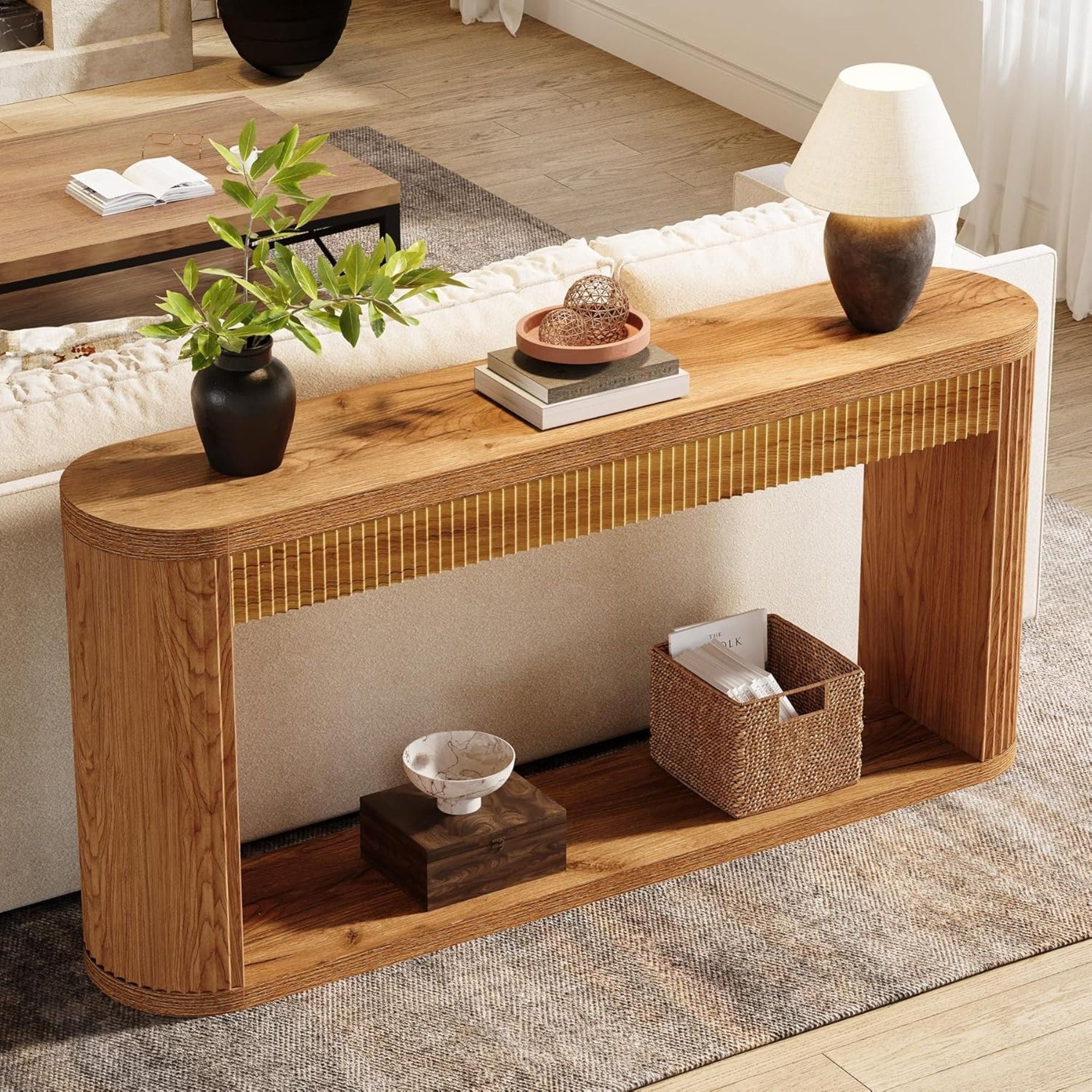 Narrow Fluted Console Table With Storage For Entryway - Brown
