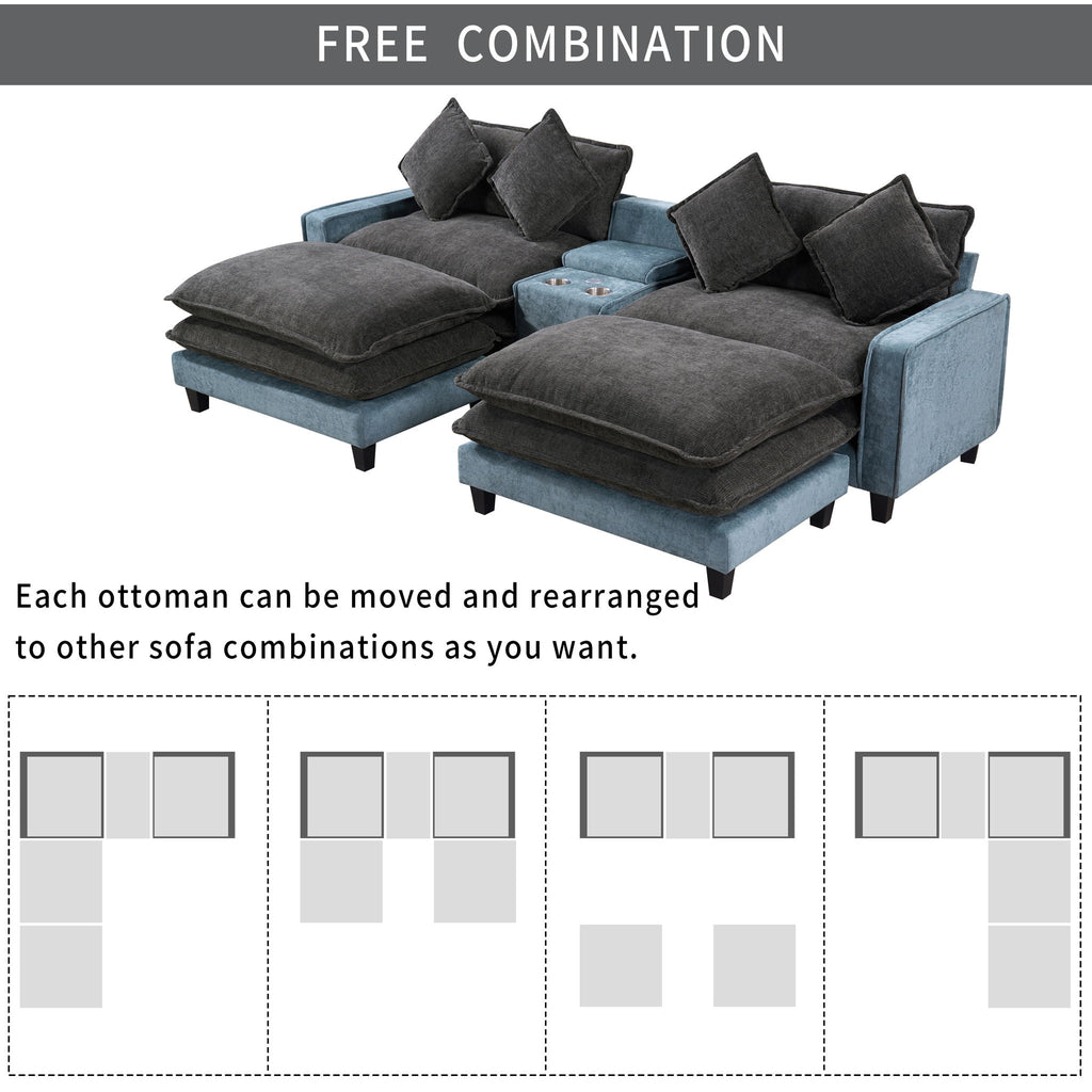 Sectional Sofa With Removable Ottomans, USB Ports, Cup Holders & Storage - Gray / Light Blue