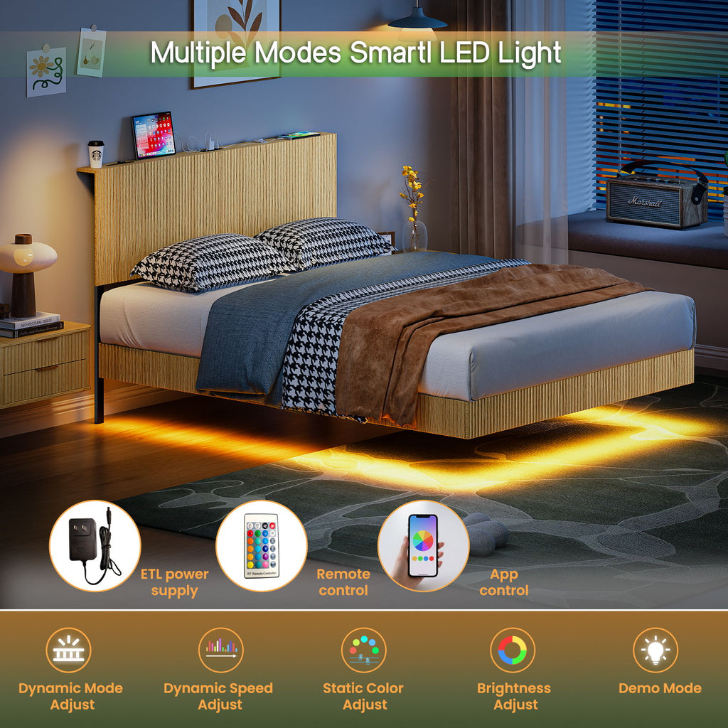 Floating Bedstead With Charging Station And LED Lights