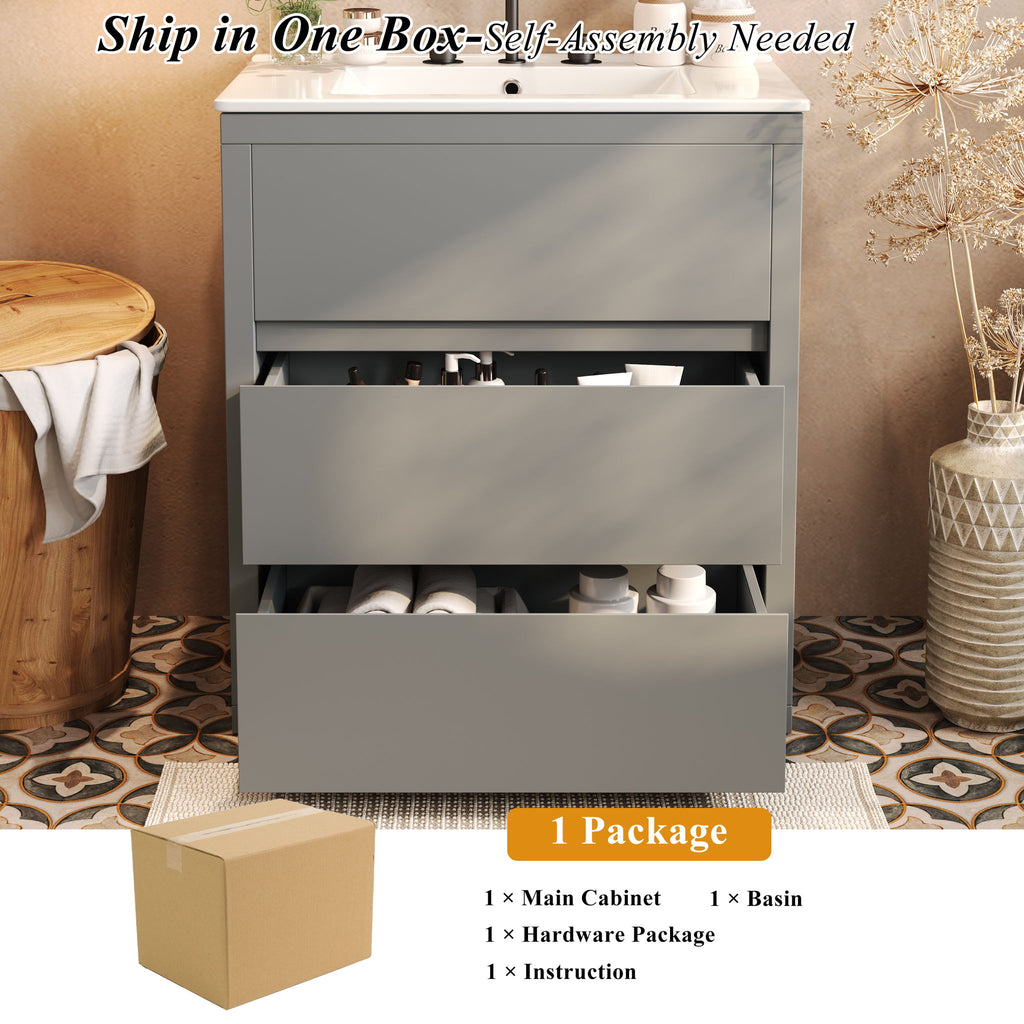 Freestanding Bathroom Vanity With Ceramic Sink, 2 Full Extension Drawers