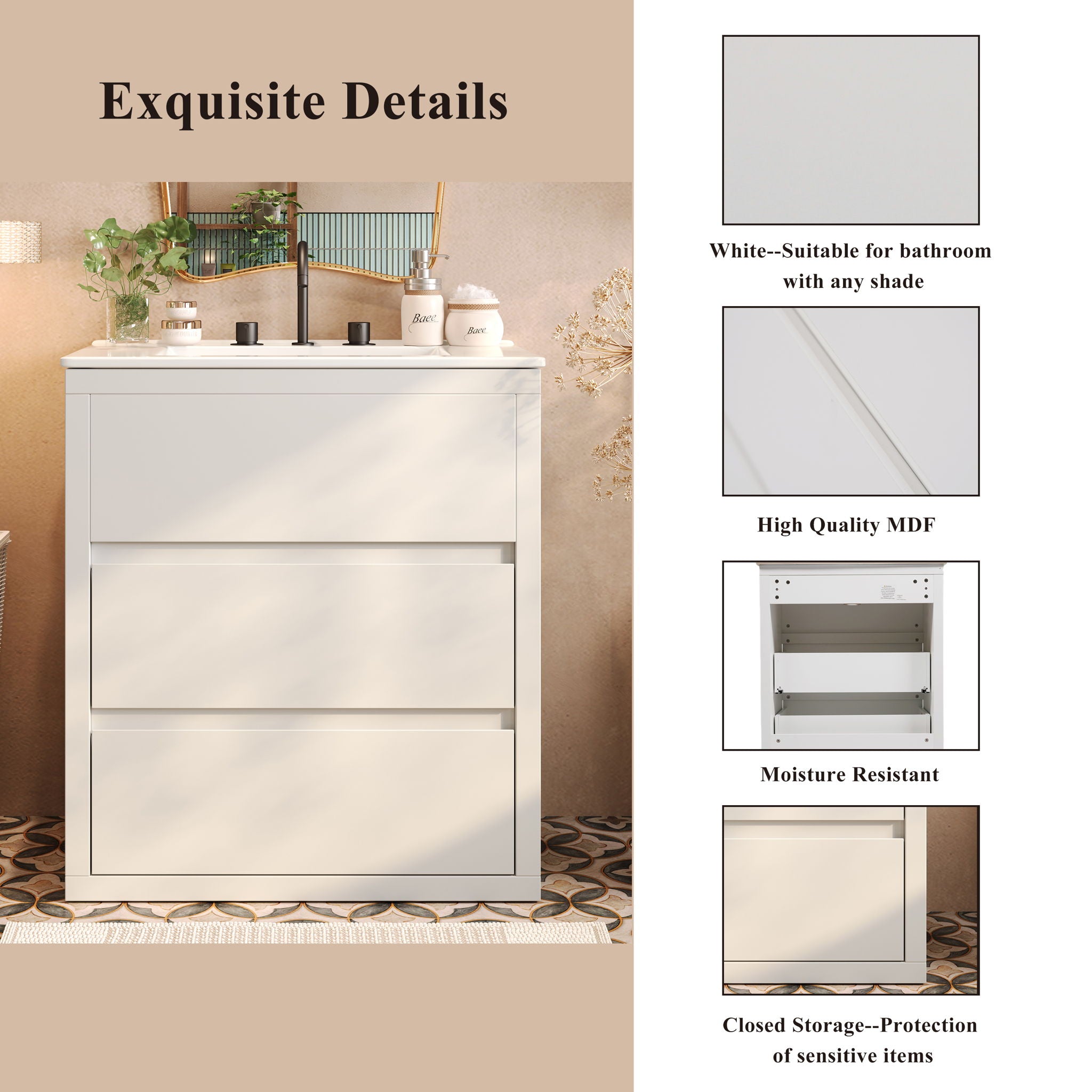 Freestanding Bathroom Vanity With Ceramic Sink, 2 Full Extension Drawers