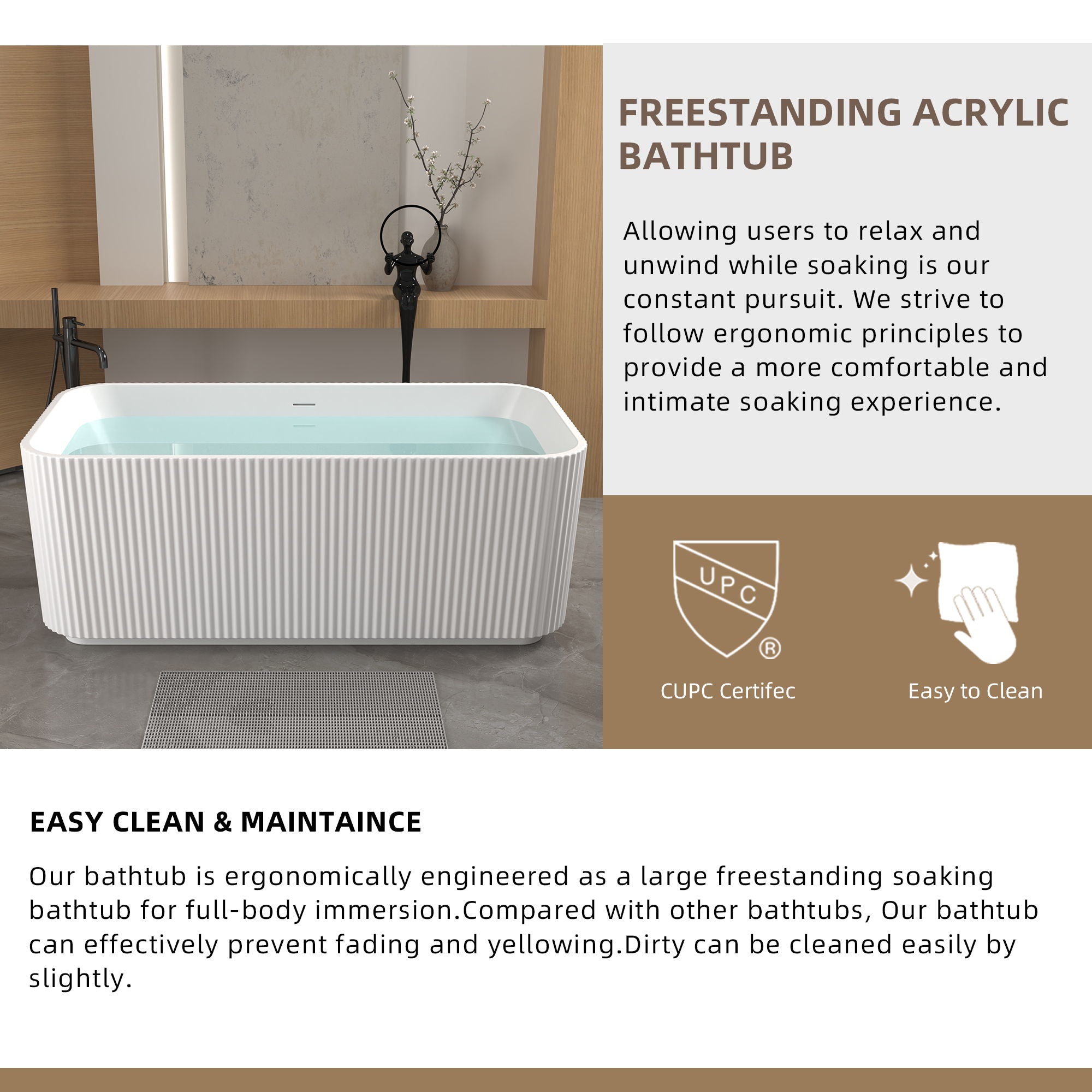 Rectangle Linear Freestanding Soaker Tub With Pop Up Drain, Double Wall Insulated Construction - Gloss White