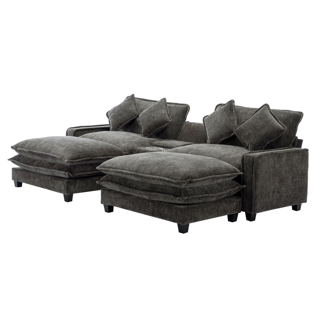 Modern Sectional Sofa With Removable Ottomans, USB Ports