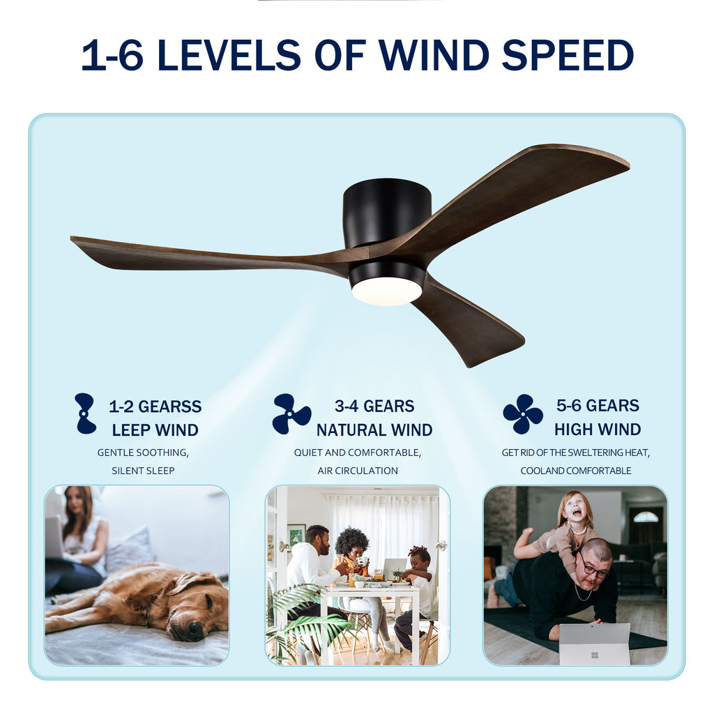 Flush Mount Blades Ceiling Fan With Lights Remote Control, Quiet DC Motor, 6 Speed, Reversible Ceiling Fan For Living Room - Matte Black