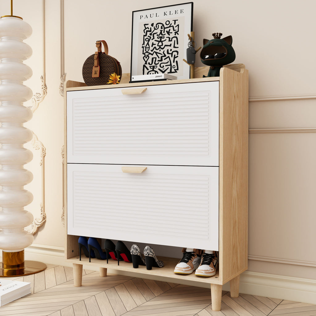 Shoe Storage Cabinet With 2 Flip Drawers, Compact Entryway Organizer - Natural / White