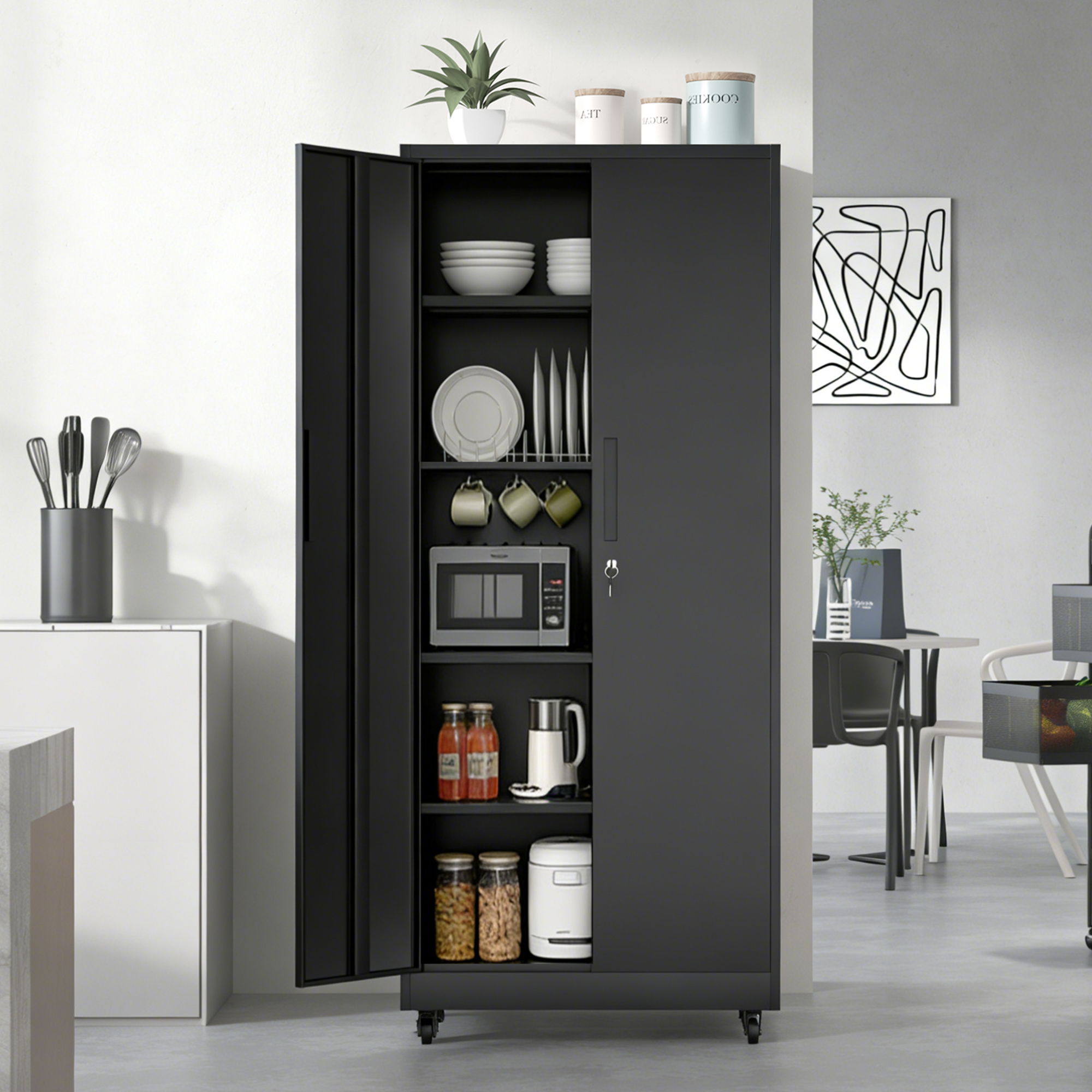 Storage Cabinet With Wheels And Lock, 4 Adjustable Shelves, 3 Point Locking Security, For Tool Organization In Garage - Black