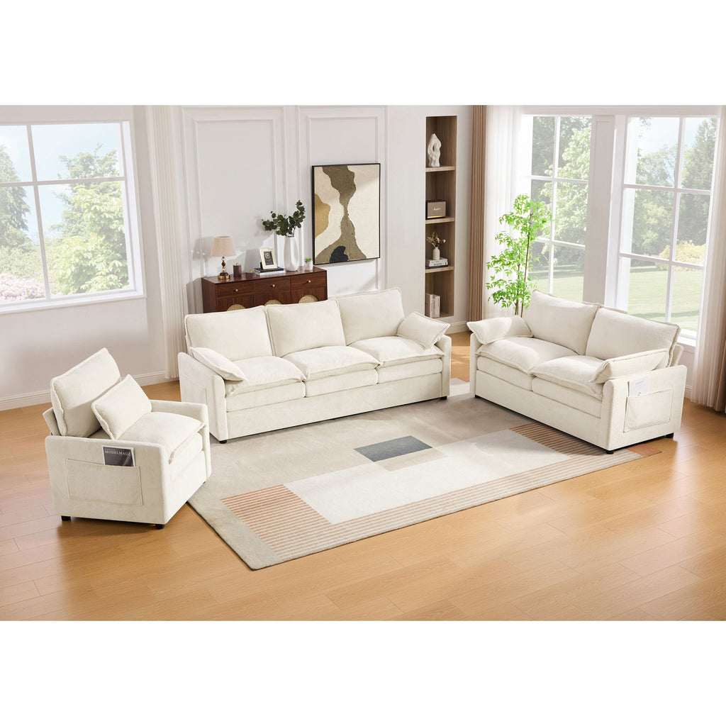 Modern Sofa Set With Double Layer Cushion And Side Storage Pockets
