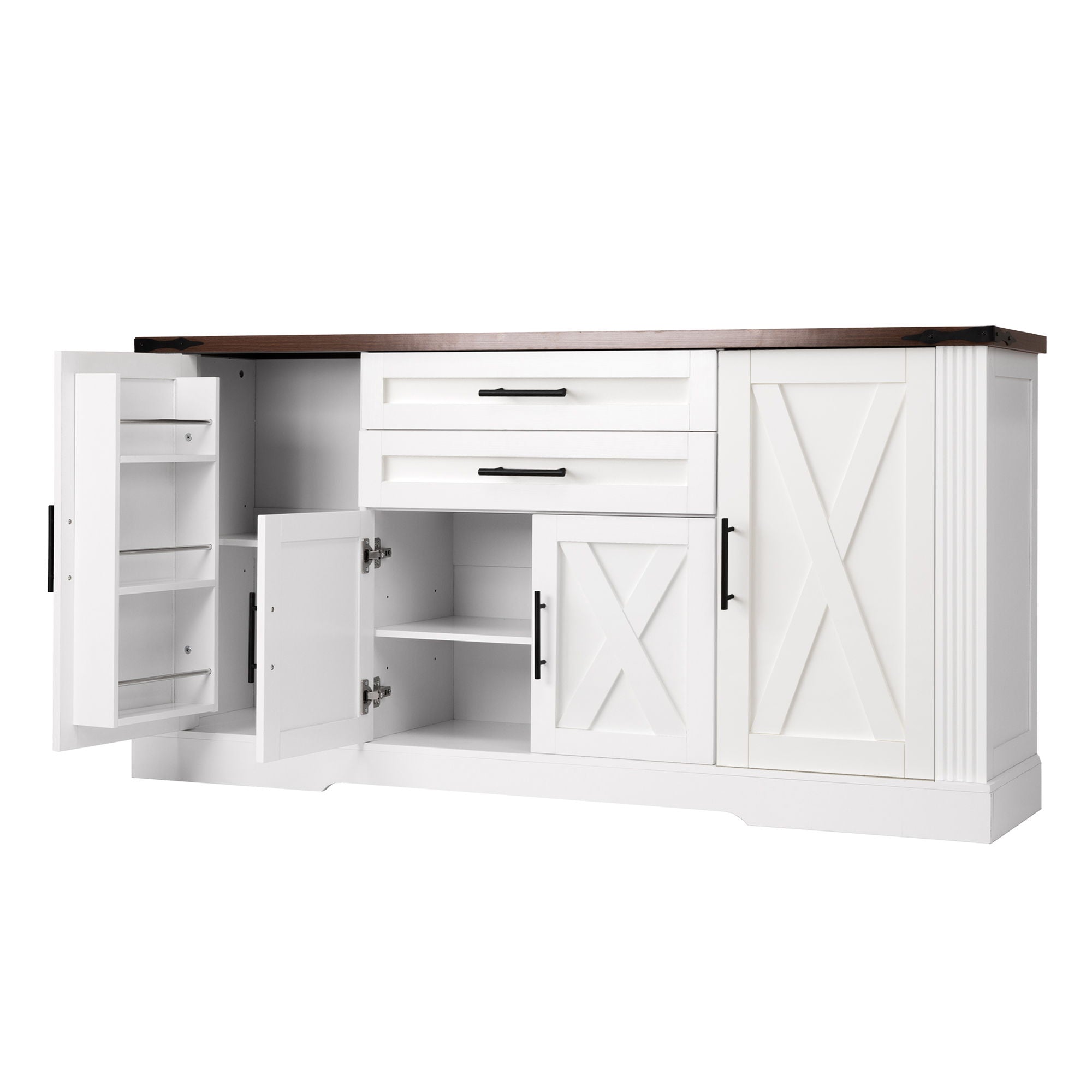 Barn Door Storage Cabinet With 2 Drawers & Door Rack, Adjustable Shelves