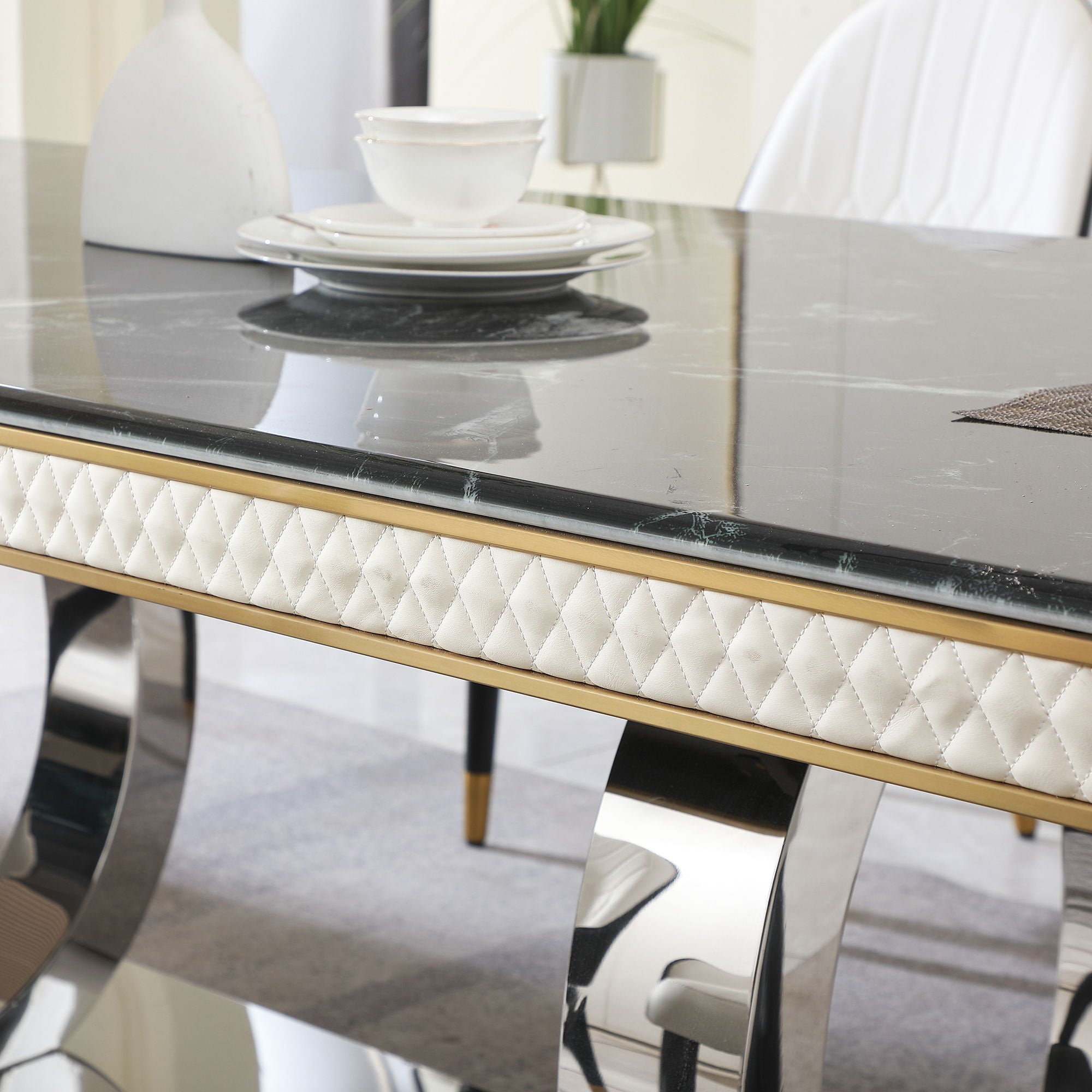 Luxury Modern Dining Table With 6 Chairs Marble Top Titanium Plated Base - Black
