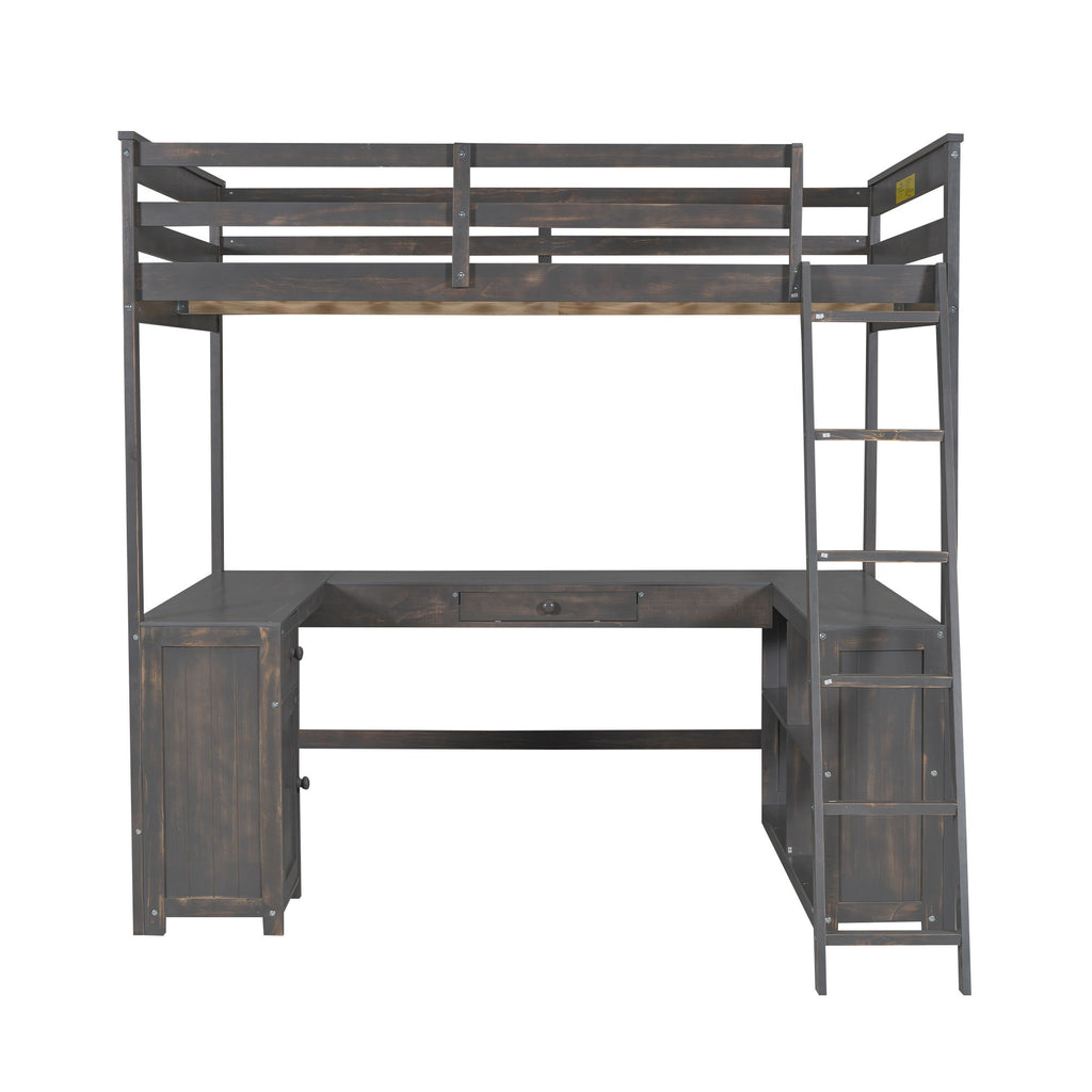 Loft Bed With U Shaped Desk, Drawers, And Storage Shelves