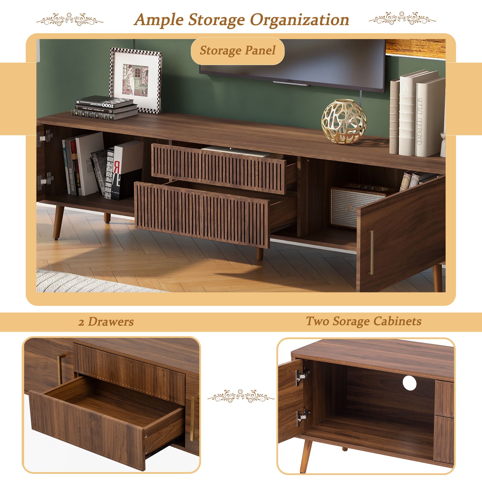 TV Stand With 2 Drawers, Media Console Table For TVs Up To 80'' For Living Room - Walnut