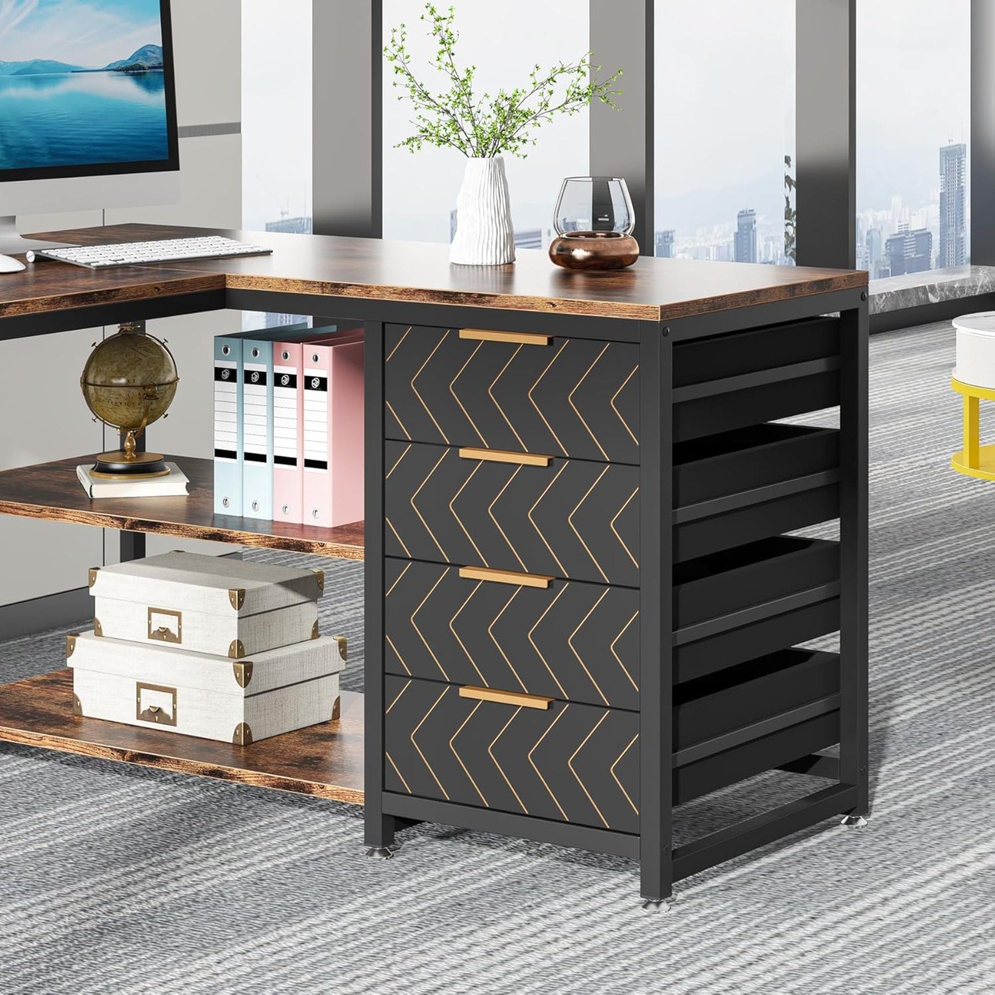 L-Shaped Computer Desk With Drawers And Shelves, Workstation For Home Office