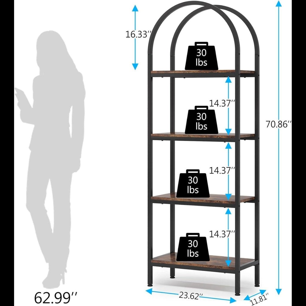 Industrial 4 Tier Open Bookshelf With Curved Top