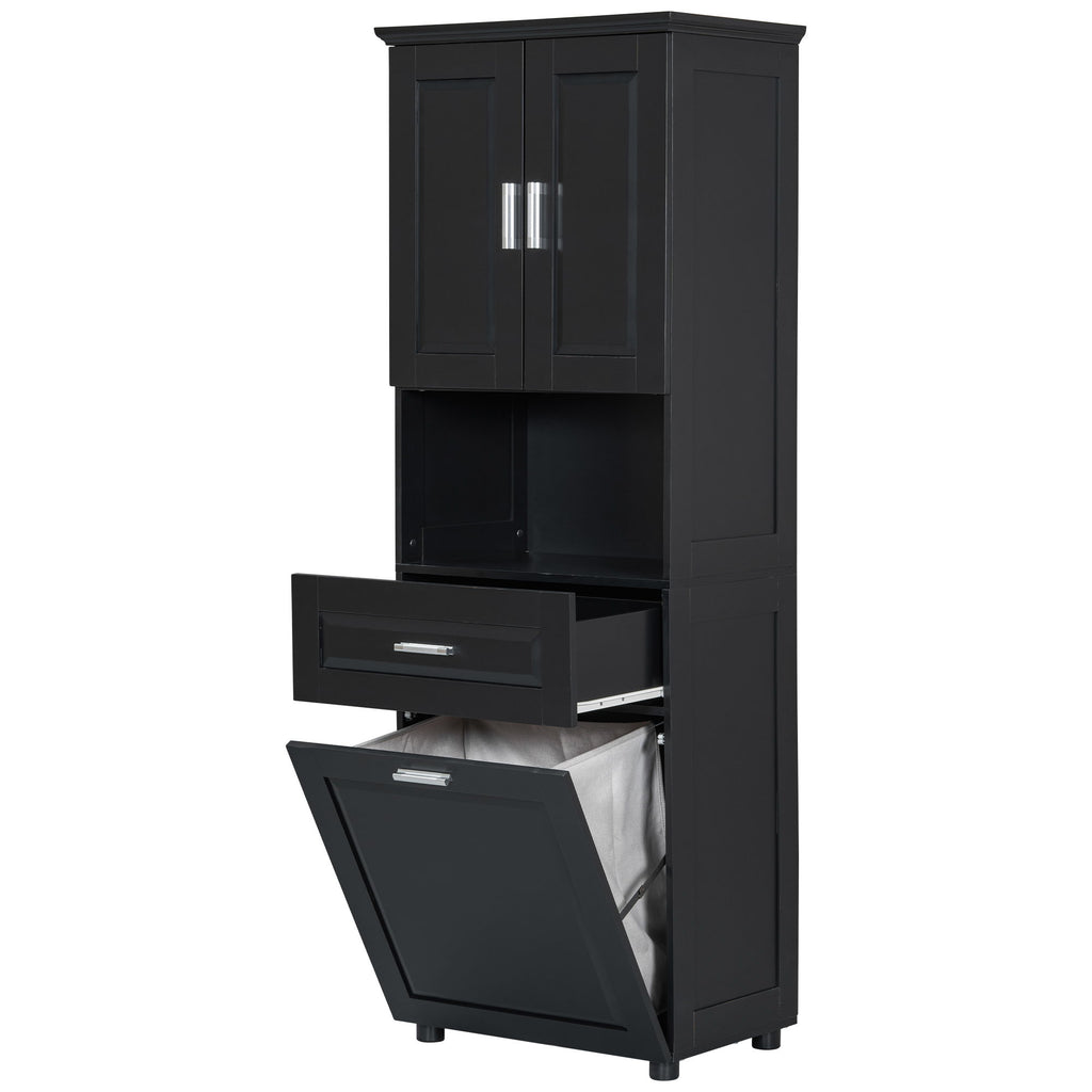 Tall Bathroom Cabinet With Tilt-Out Laundry Basket And Upper Storage