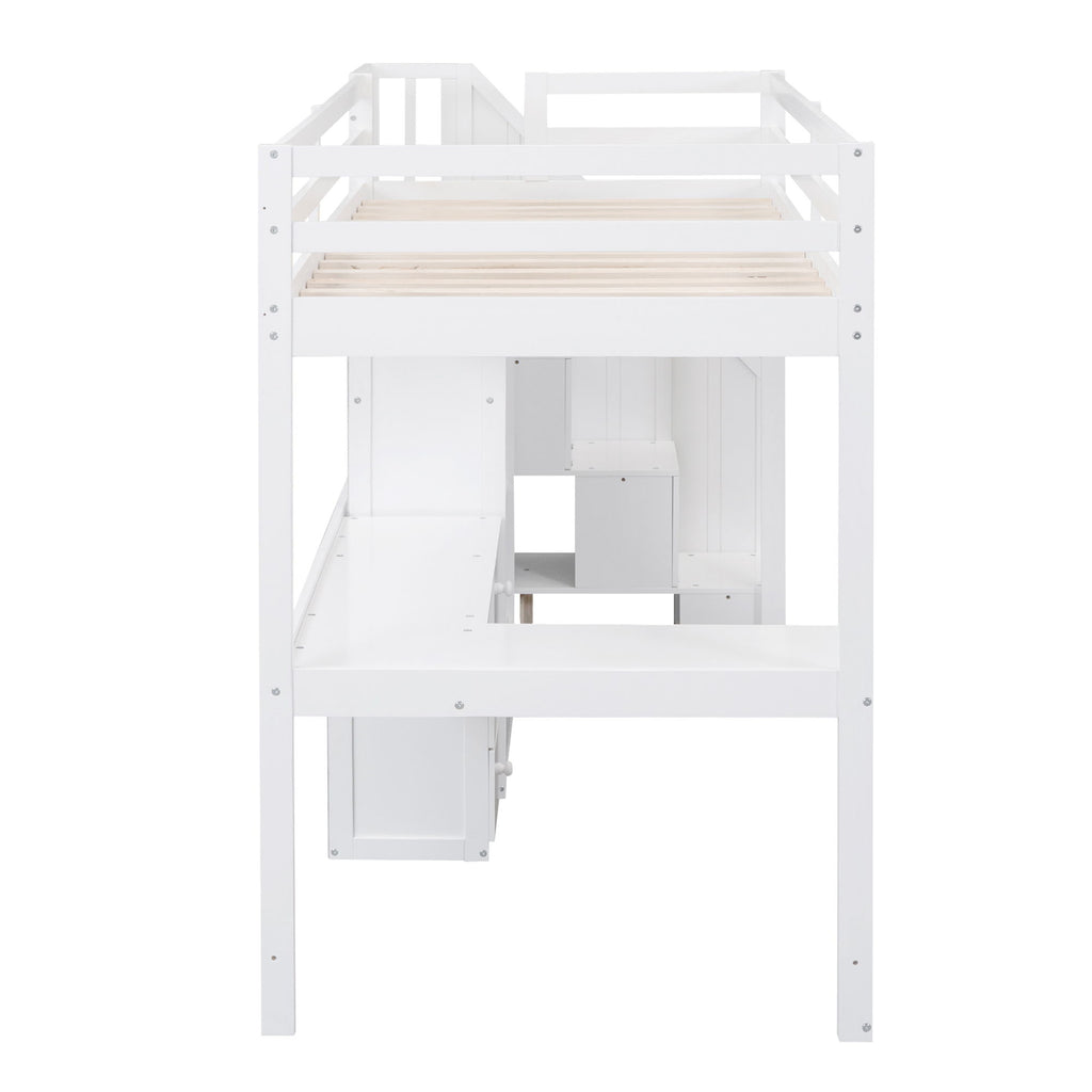 Loft Bed With L Shaped Desk, Drawers, Cabinet, And Storage Staircase