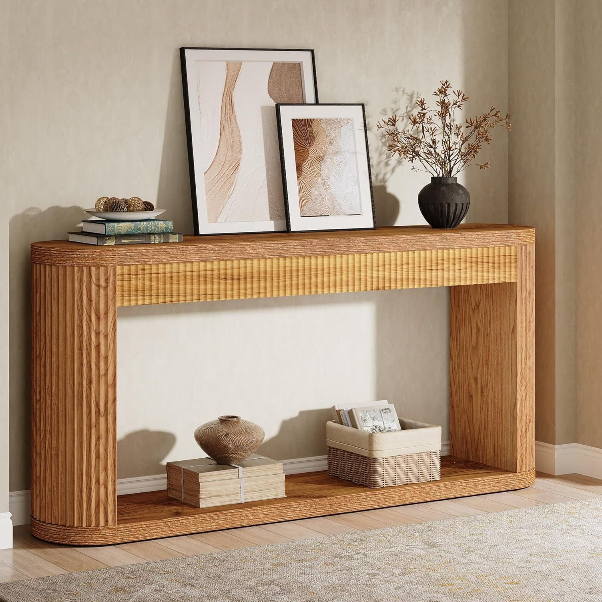Narrow Fluted Console Table With Storage For Entryway - Brown