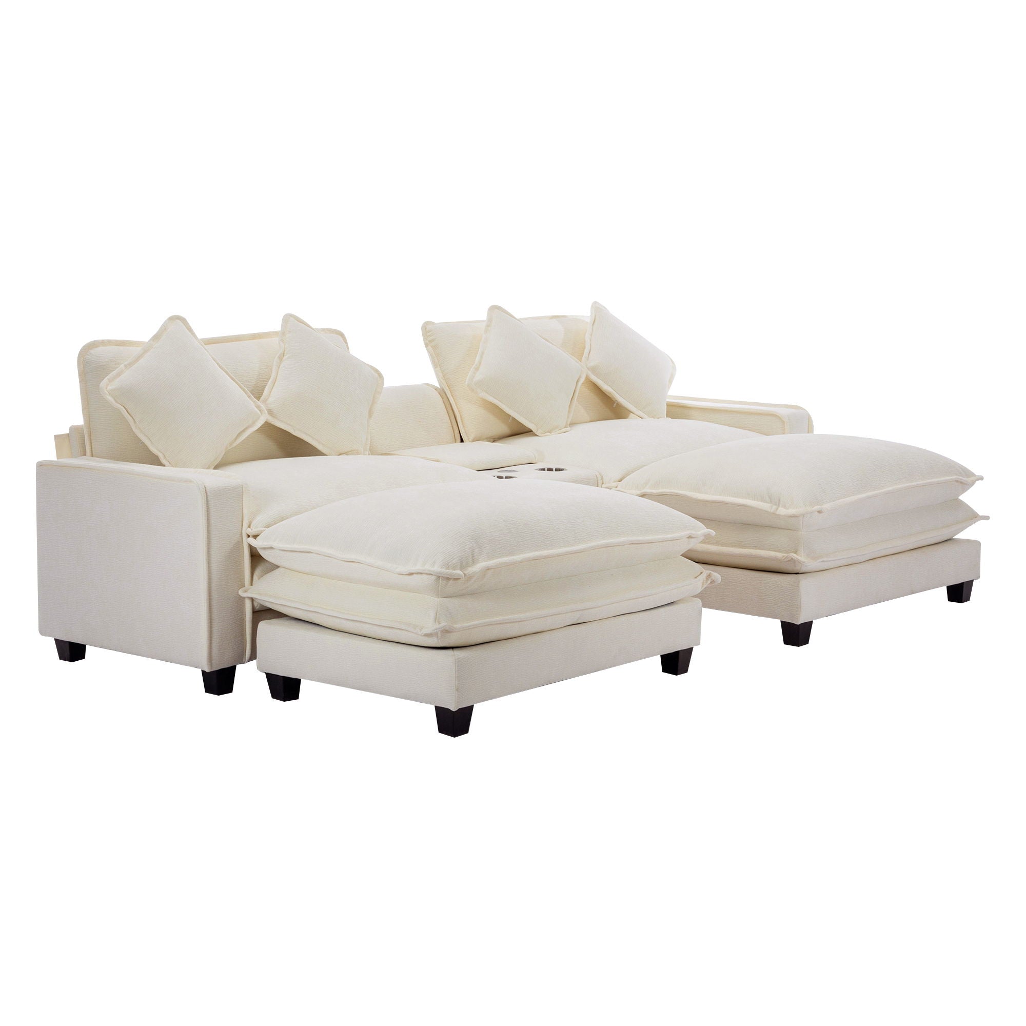 Sectional Sofa Upholstered Sofa With Two Removable Ottoman, Two USB Ports, Two Cup Holders And Large Storage Box For Living Room