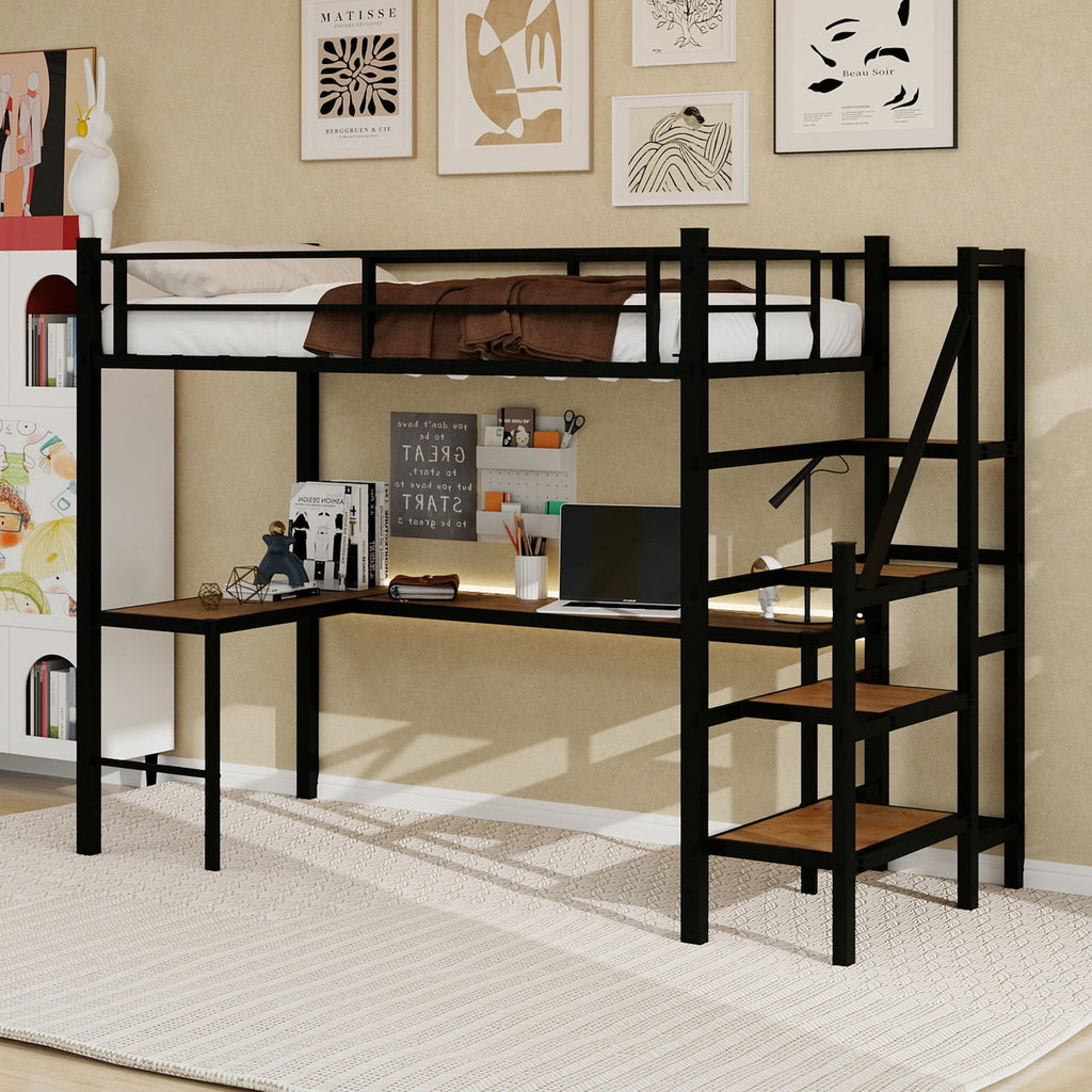 Loft Bed With L-Shaped Desk, Large Storage Space