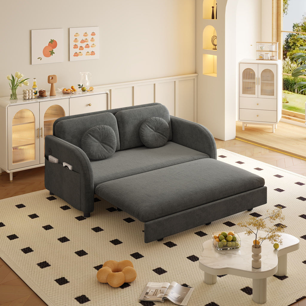 Upholstered Pull Out Couch With Side Pocket & USB Port