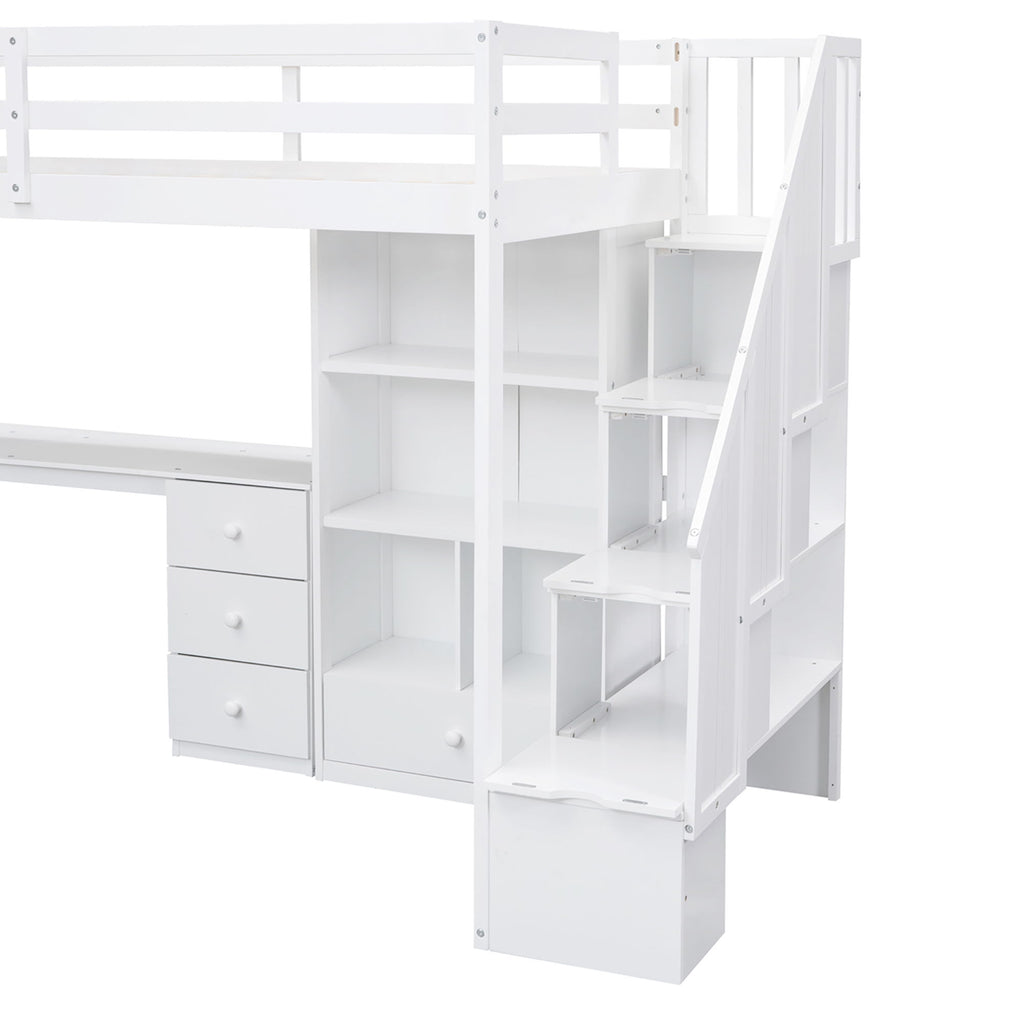 Loft Bed With L Shaped Desk, Drawers, Cabinet, And Storage Staircase
