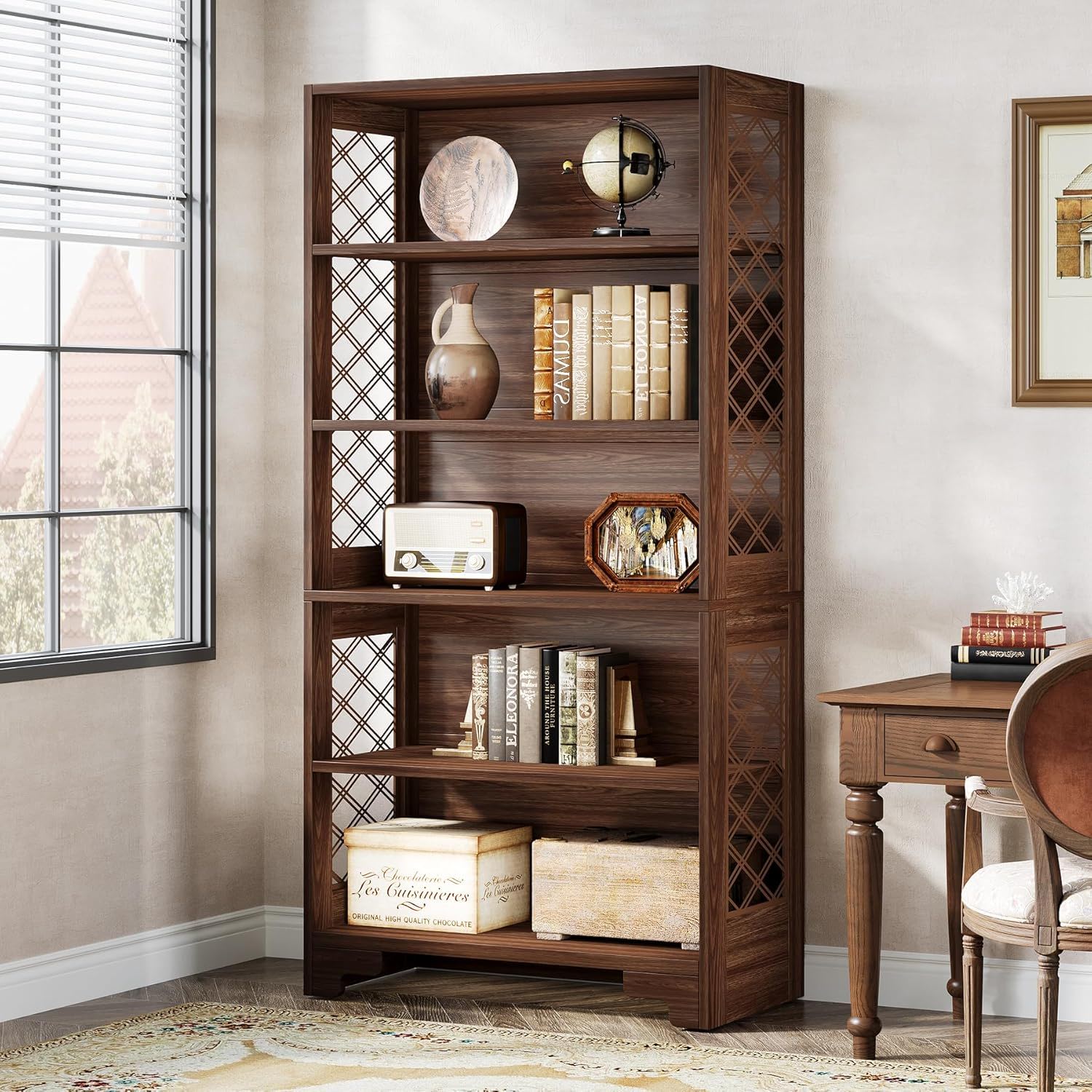 6 Tier Brown Mid Century Bookcase With X Design For Living Room - Brown