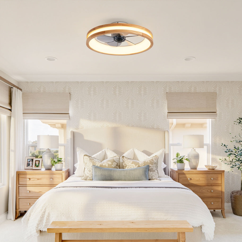 Ceiling Fans With LED Light Source And Remote Control, 3000 - 6500K Dimmable, 6 Speeds, Quiet DC Motor For Living Room - Natural Wood / White