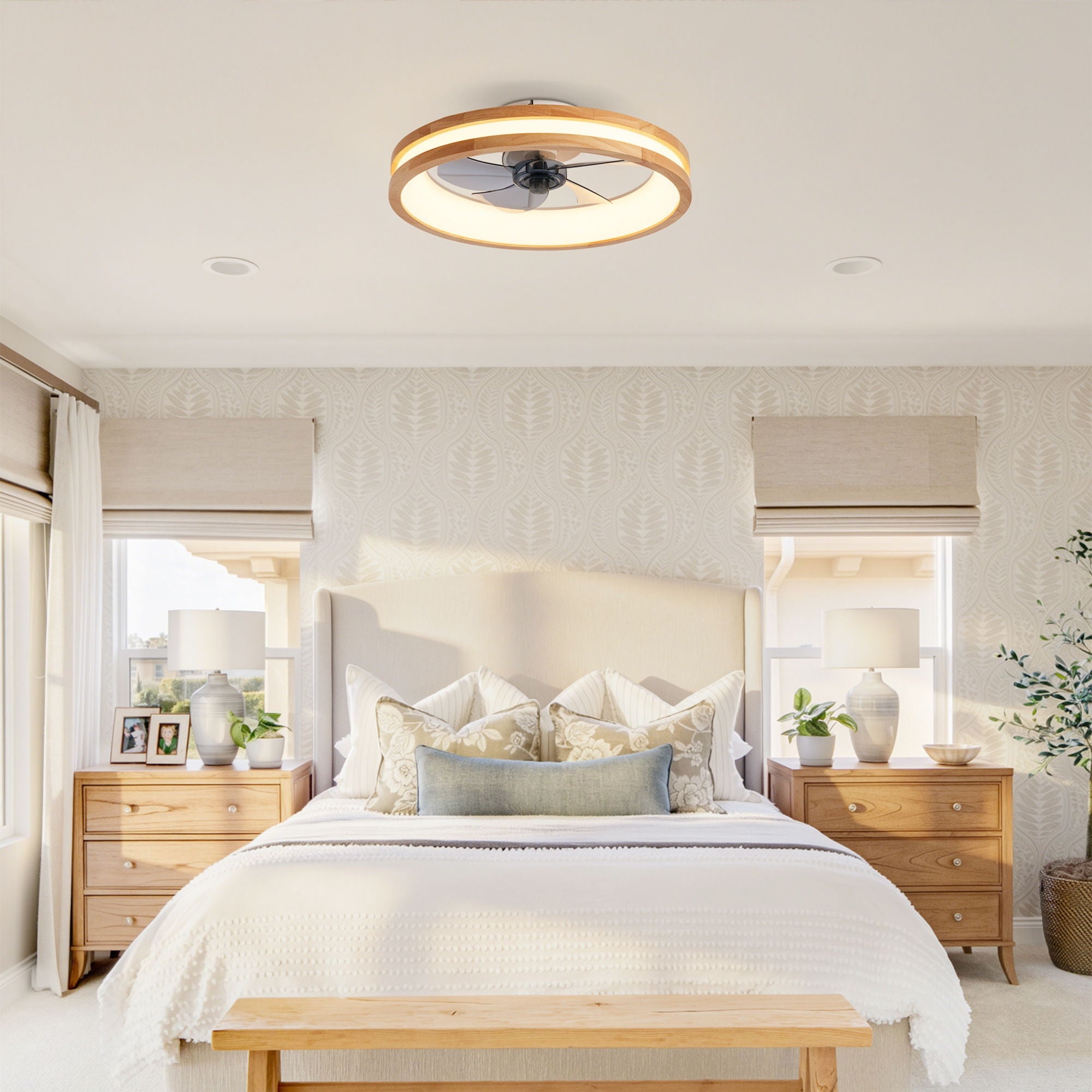 Ceiling Fans With LED Light Source And Remote Control, 3000 - 6500K Dimmable, 6 Speeds, Quiet DC Motor For Living Room - Natural Wood / White
