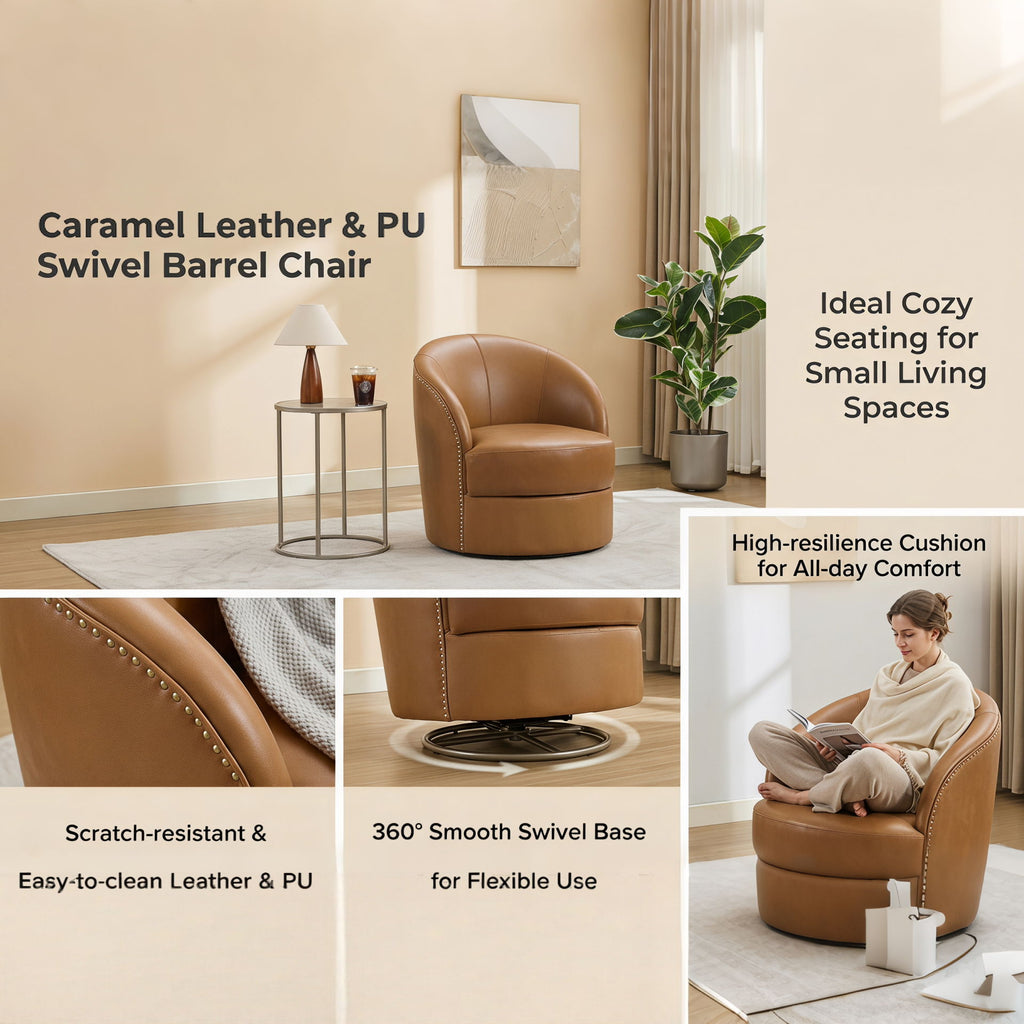Swivel Accent Chair With 360° Smooth Spin - Black / Light Brown / Silver