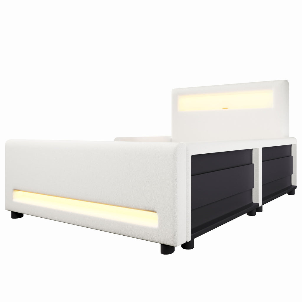 Upholstered Platform Bed With Drawer, LED Light Strip, USB Port