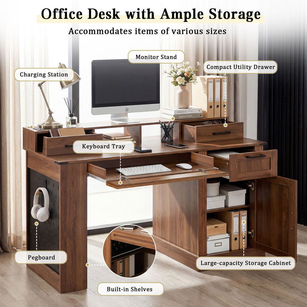 Office Desk With Storage Cabinet, Charging Station, Monitor Stand & Pegboard