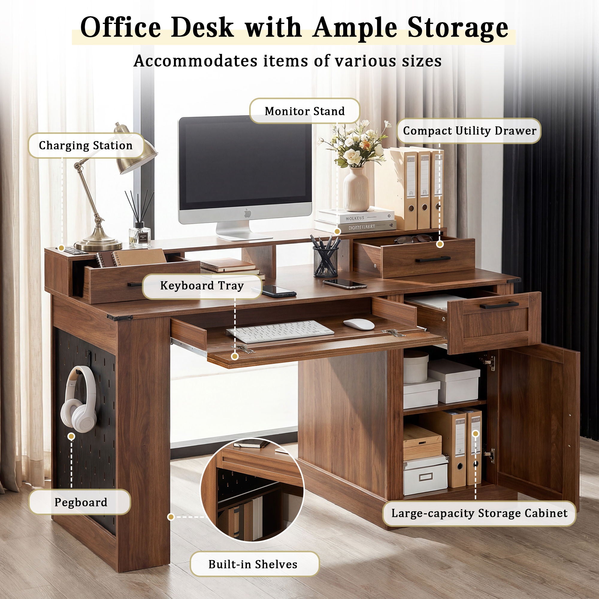 Office Desk With Storage Cabinet, Charging Station, Monitor Stand & Pegboard