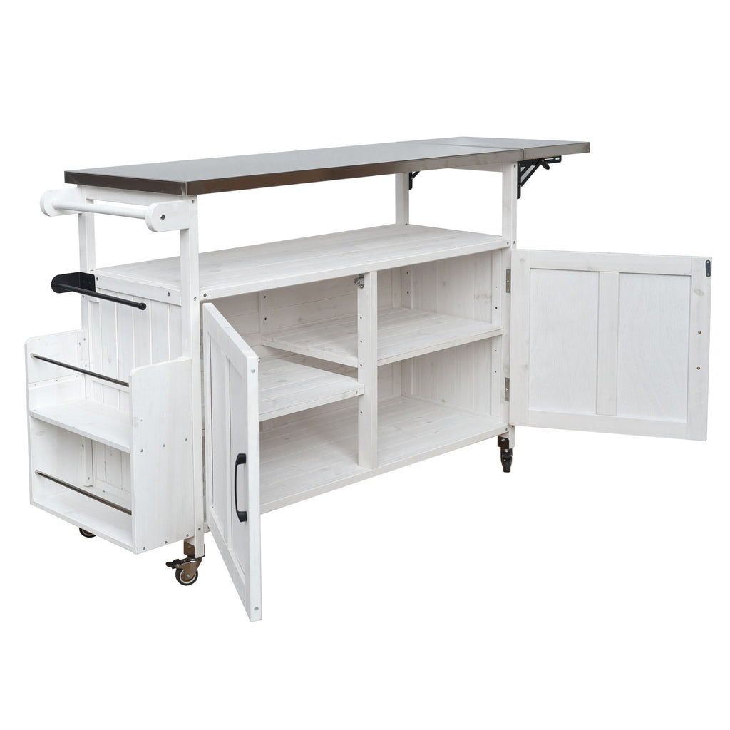 Foldable Outdoor Kitchen Island With Lockable Wheels, Storage Cabinet And Towel Rack For Patio