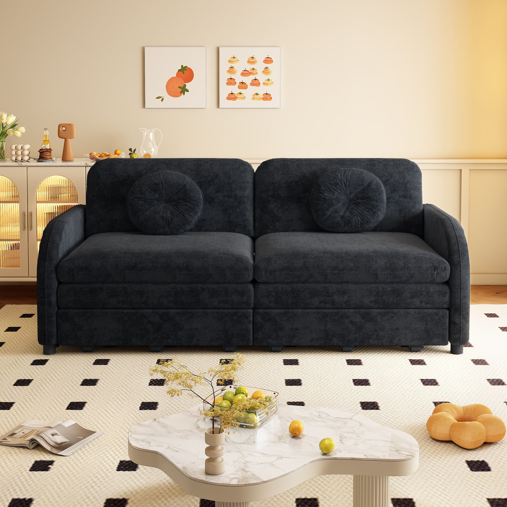 Upholstered Pull Out Couch With Side Pocket & USB Port