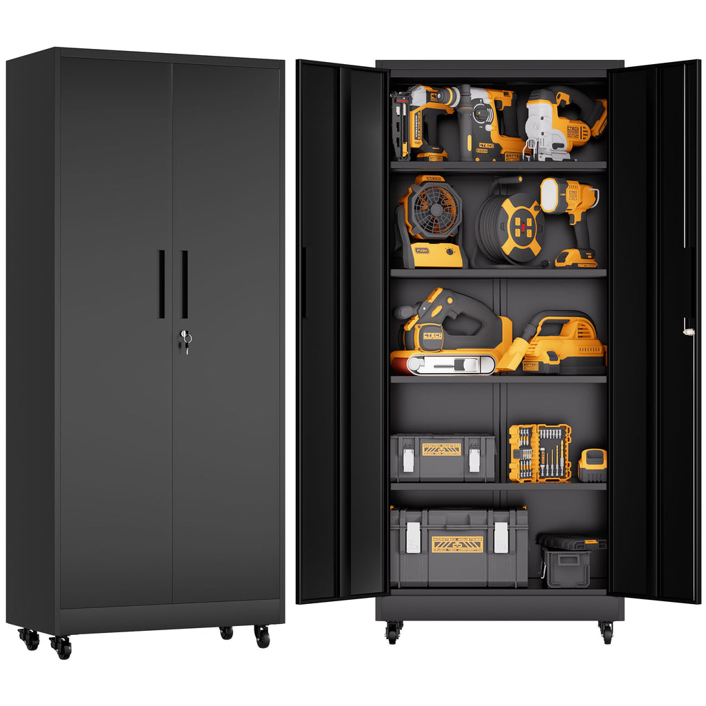 Storage Cabinet With Wheels And Lock, 4 Adjustable Shelves, 3 Point Locking Security, For Tool Organization In Garage - Black