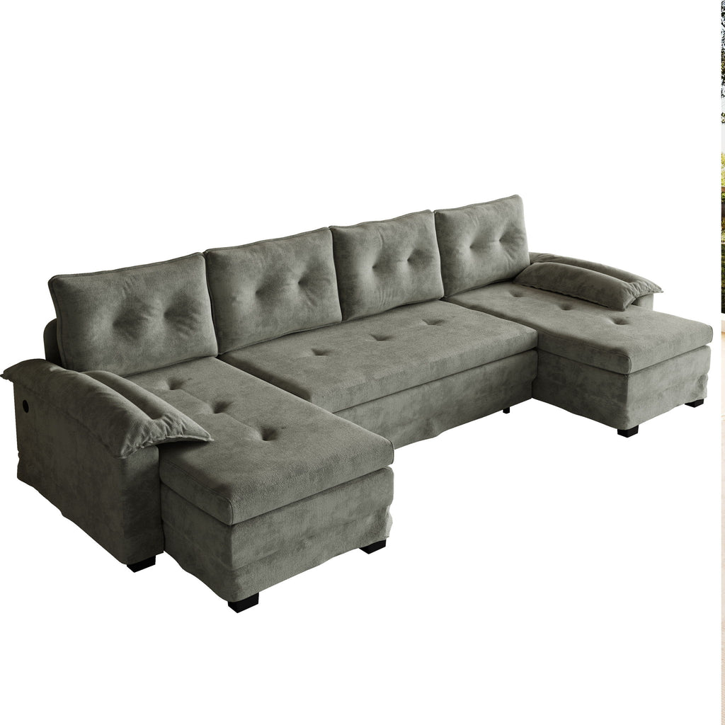 U-Shaped Sleeper Sofa With Pull Out Bed, Removable Armrests & USB Ports For Living Room