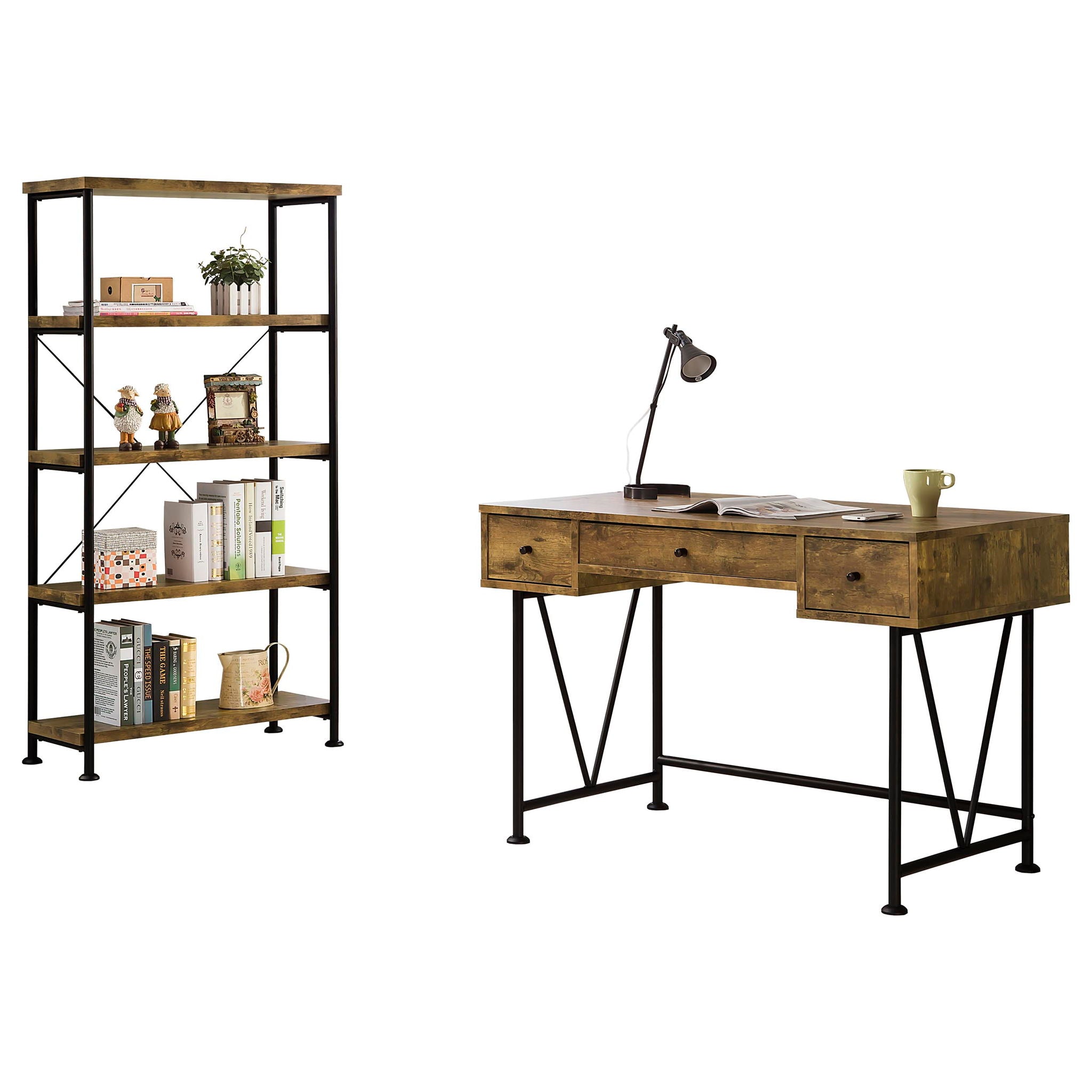 Avon - 2 Piece Computer Desk And Bookcase With 3 Drawers - Rustic Brown