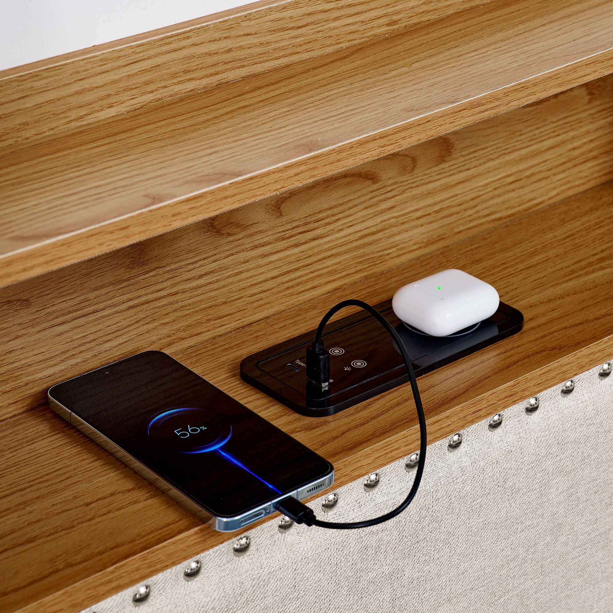 Upholstered Sofa Bed With LED Lights, Storage Headboard, Foldable Trundle & Wireless Charging