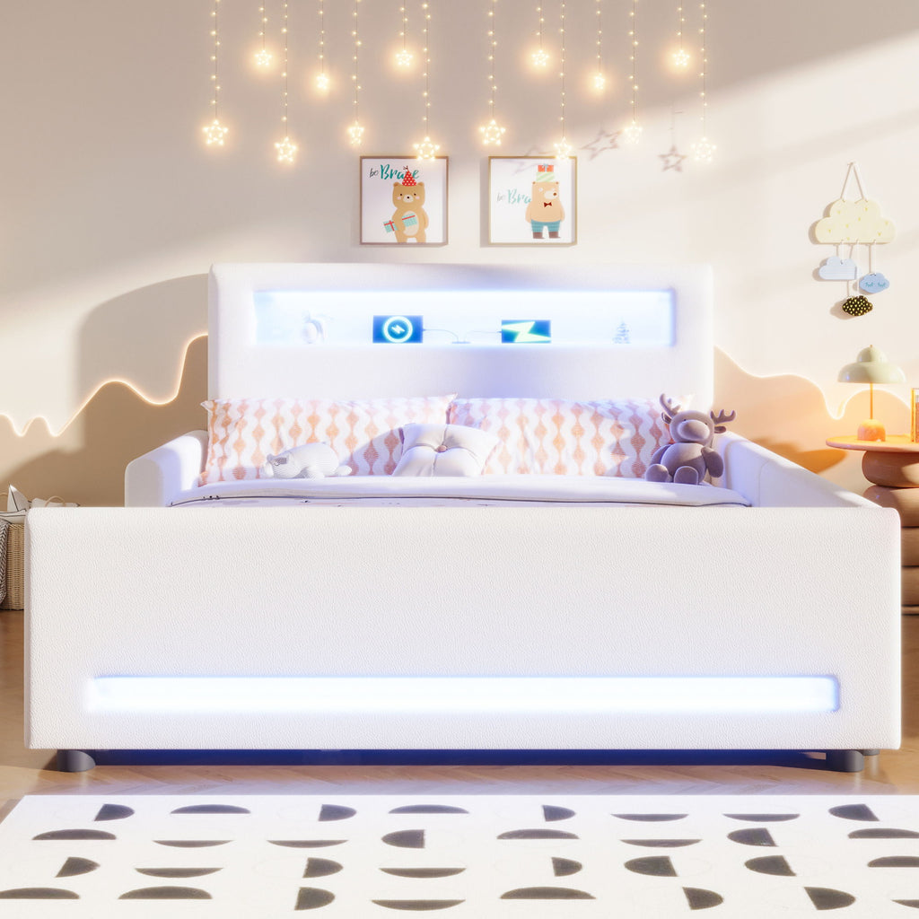 Upholstered Platform Bed With Drawer, LED Light Strip, USB Port