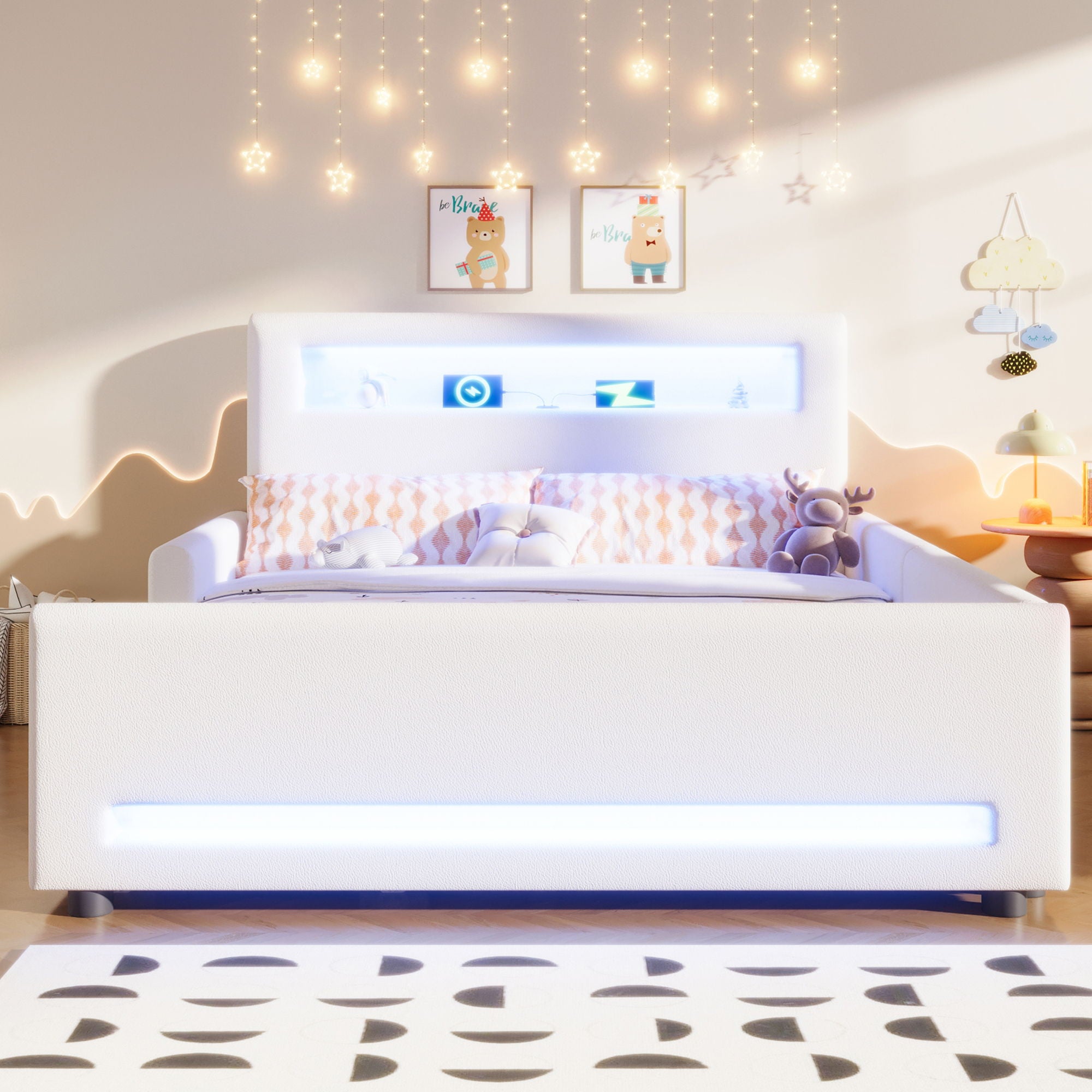 Upholstered Platform Bed With Drawer, LED Light Strip, USB Port