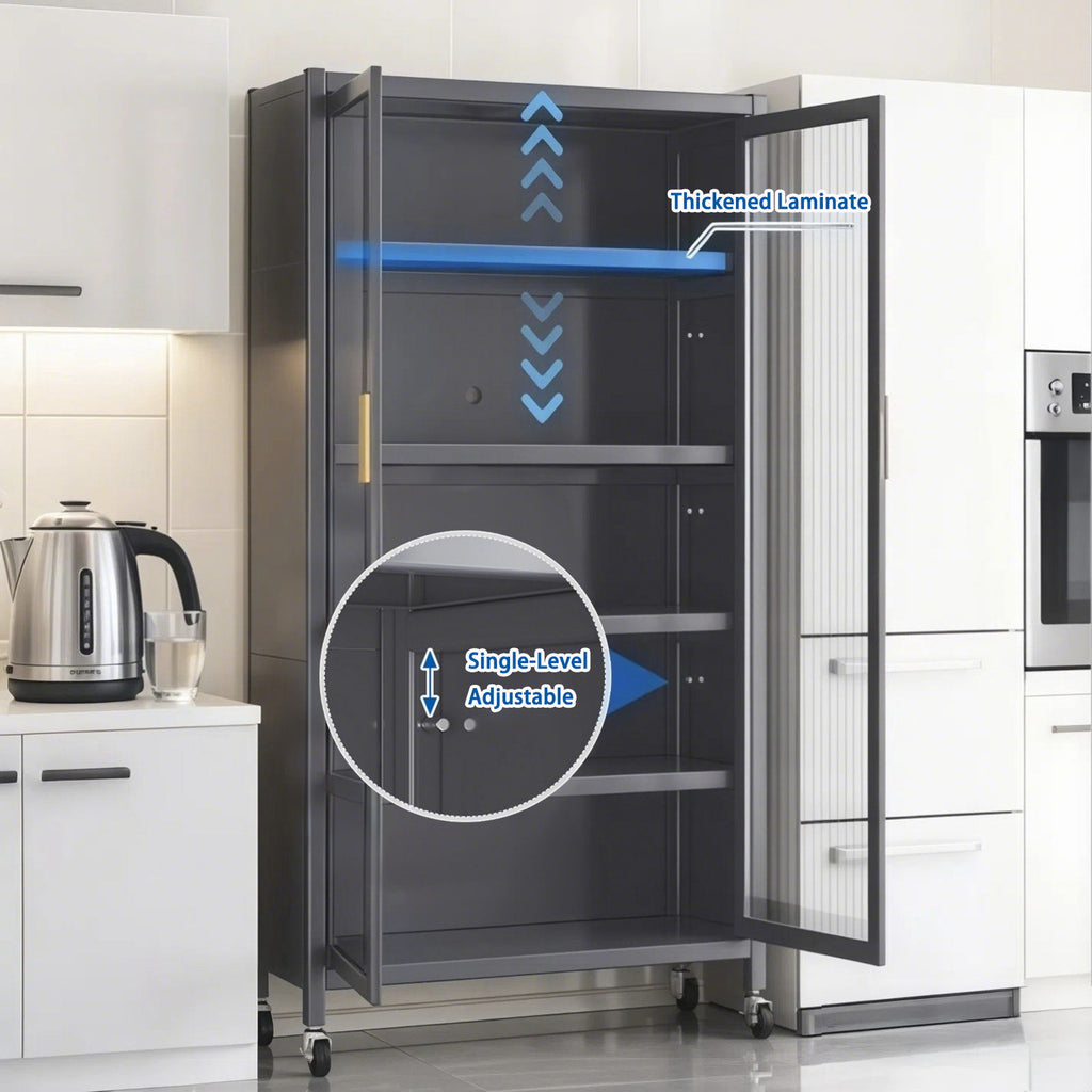 6 Tier Storage Cabinet With Transparent Door, Adjustable Shelves & Wheels