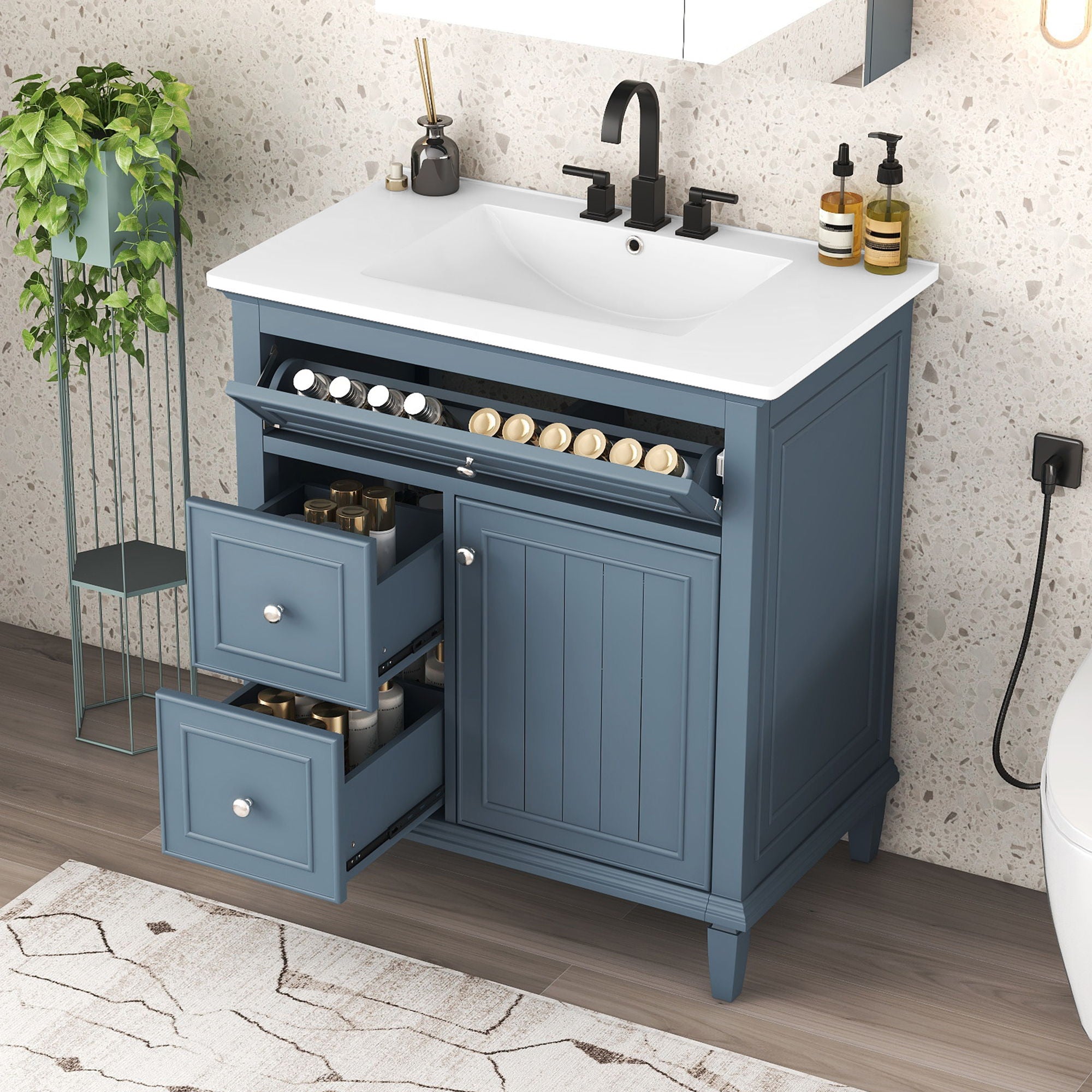 Modern Bathroom Vanity With Sink, Adjustable Shelf, Flip Drawer & 2 Drawers