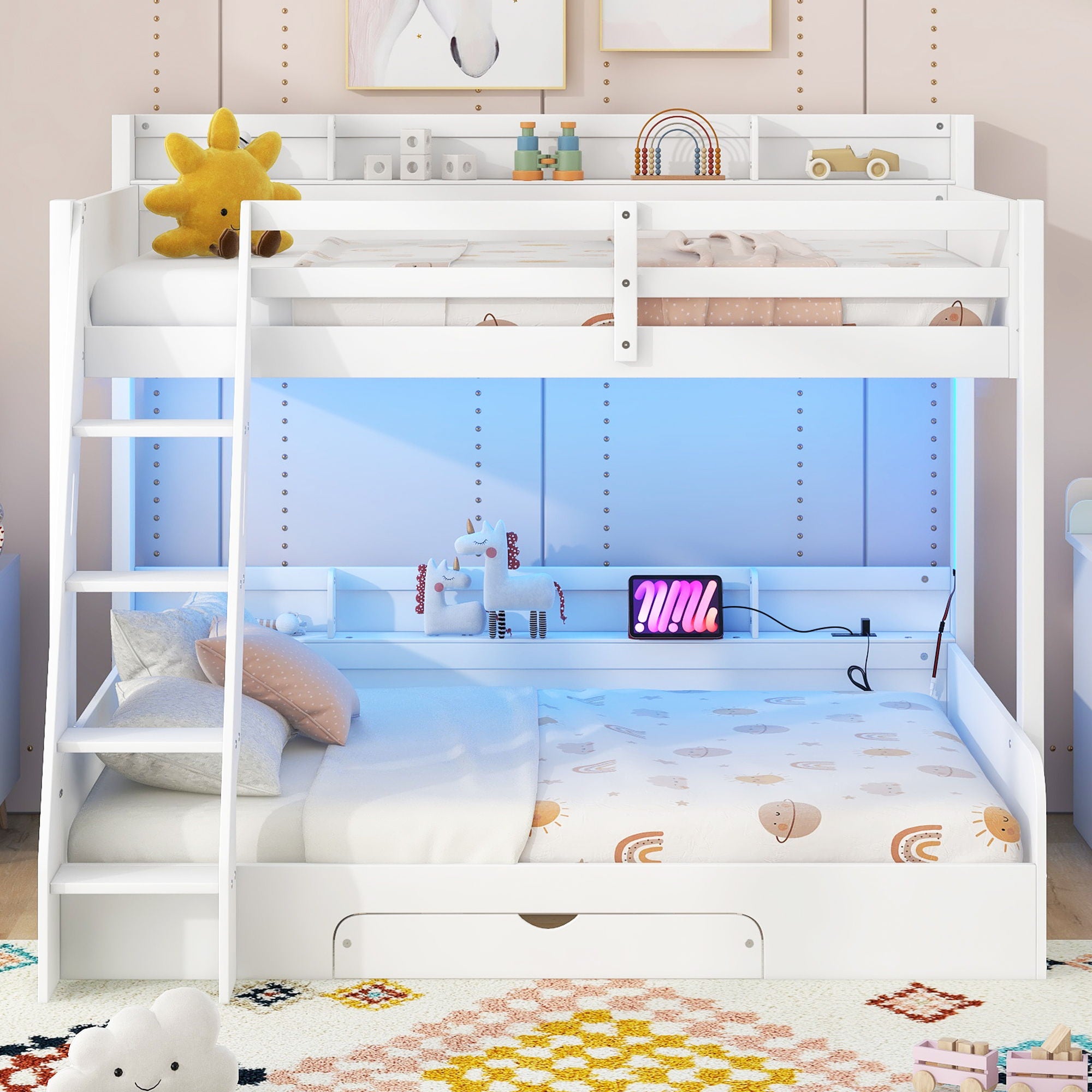 Bunk Bed With Storage Shelves, LED Lighting, Charging Station And Drawer